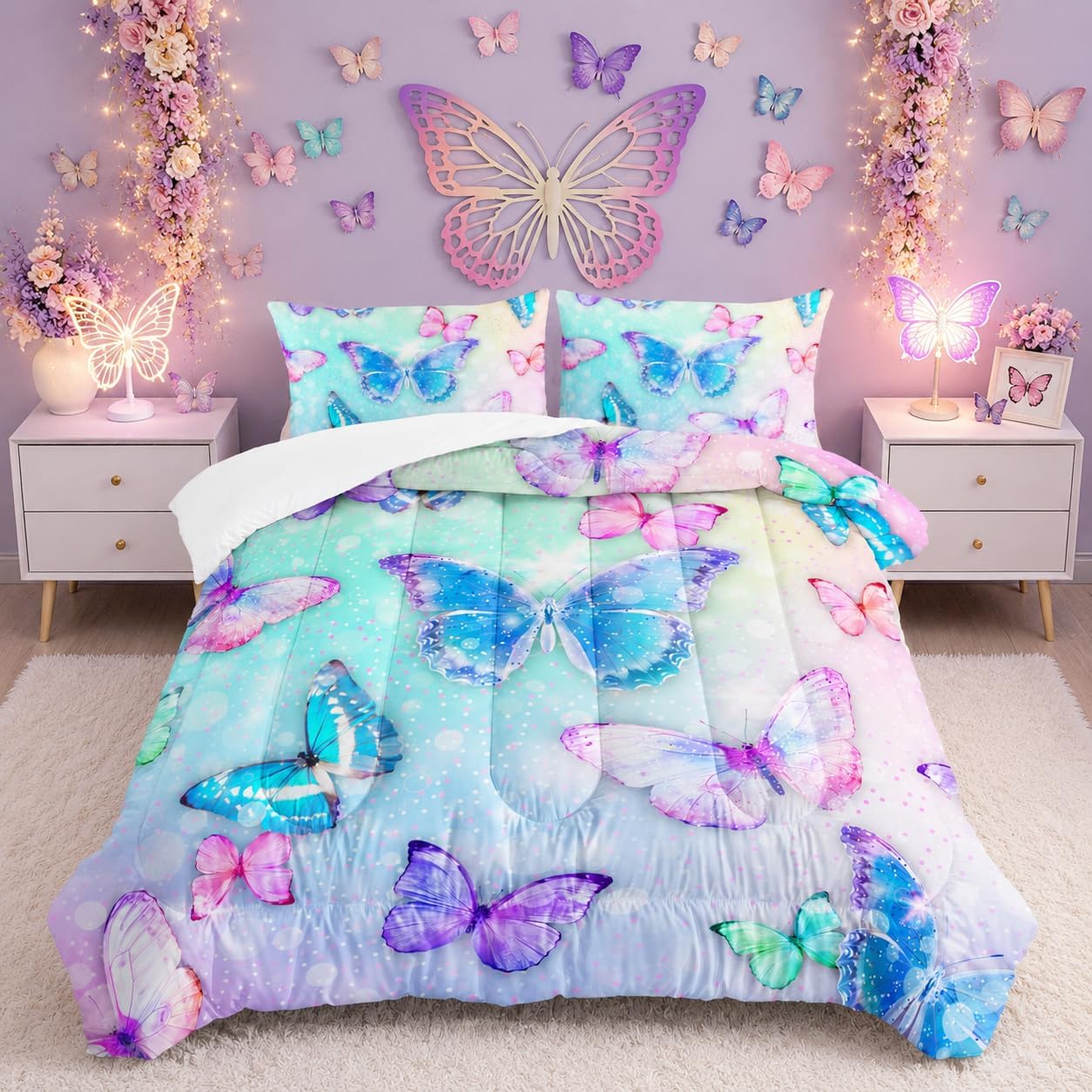 Rainbow Flying Watercolor Butterfly Comforter Full Size Pink Polka Dot Colorful Kid Bedding Fairy Butterfly Quilt Bed Set for Girl Adult with 2 Pillowcases