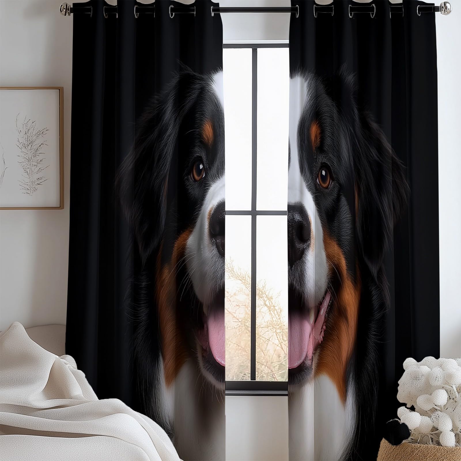 CozyRest Black Curtains Eyelet Blackout Curtain Bedroom Darkening Curtains Animal Bernese Mountain Dog Theme Light Blocking Window Drapes for Kids Living Room 55 x 102 inch Drop 2 Panels