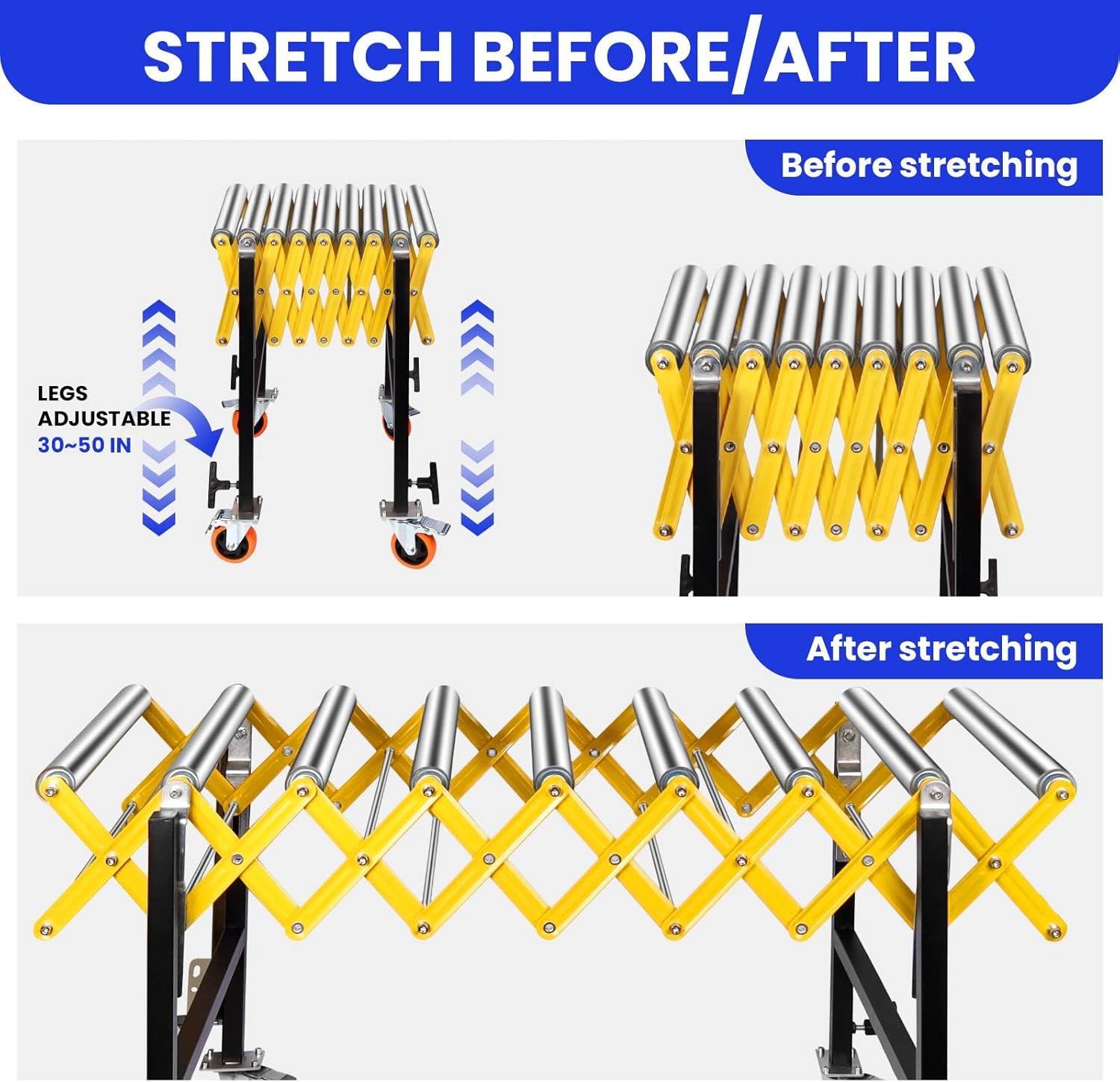 Roller Conveyor, 30"-50" Height Adjustable, 660lbs Heavy Duty Folding Roller Stand with Locking Swivel Castor, 22'' Wide Conveyor Belt for Infeed, Outfeed Table and Planer (Yellow 38MM)