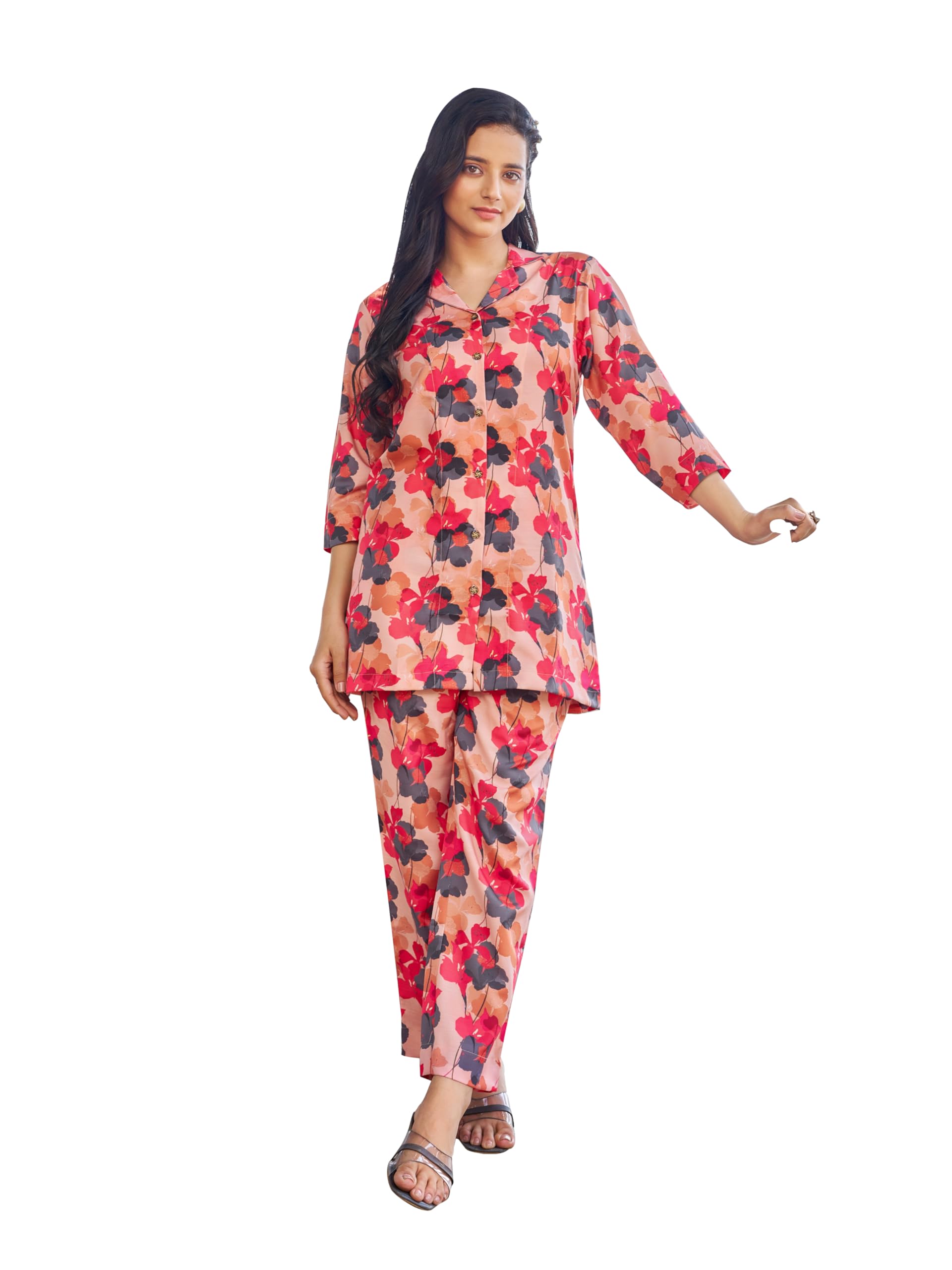 Women's Printed Cotton Blend Peach Shirt Trousers Co-Ords(VC_5008CO)-image-23