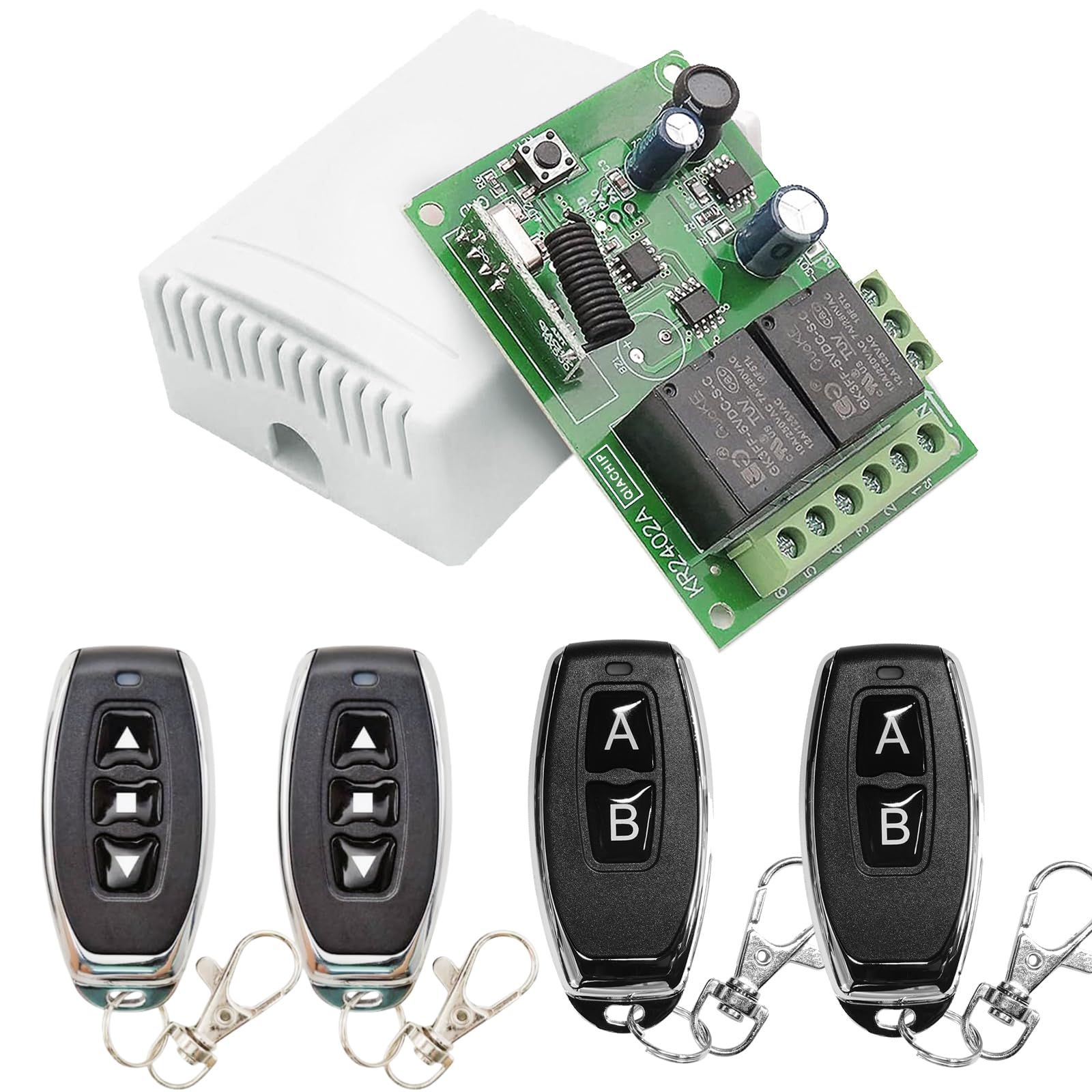 QIACHIP Interruptor de Control Remoto Relé inalámbrico DC 6V 12V 24V 30V 2 Canales,Modulo Receptor RF 433 mhz y 4 Transmisor mando a distancia,para Motor Puerta Garaje, Cortina eléctrica, luz