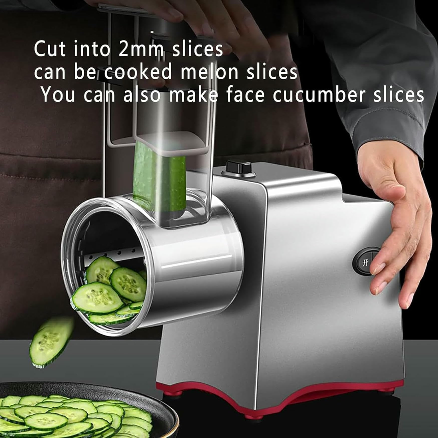 Rallador eléctrico de Queso 5 en 1 de Acero Inoxidable, Cortador de Verduras, Potente Funcionamiento con 1 botón, Corte rebanadas de 2 mm/filamento de 4 mm, Frutas y Verduras