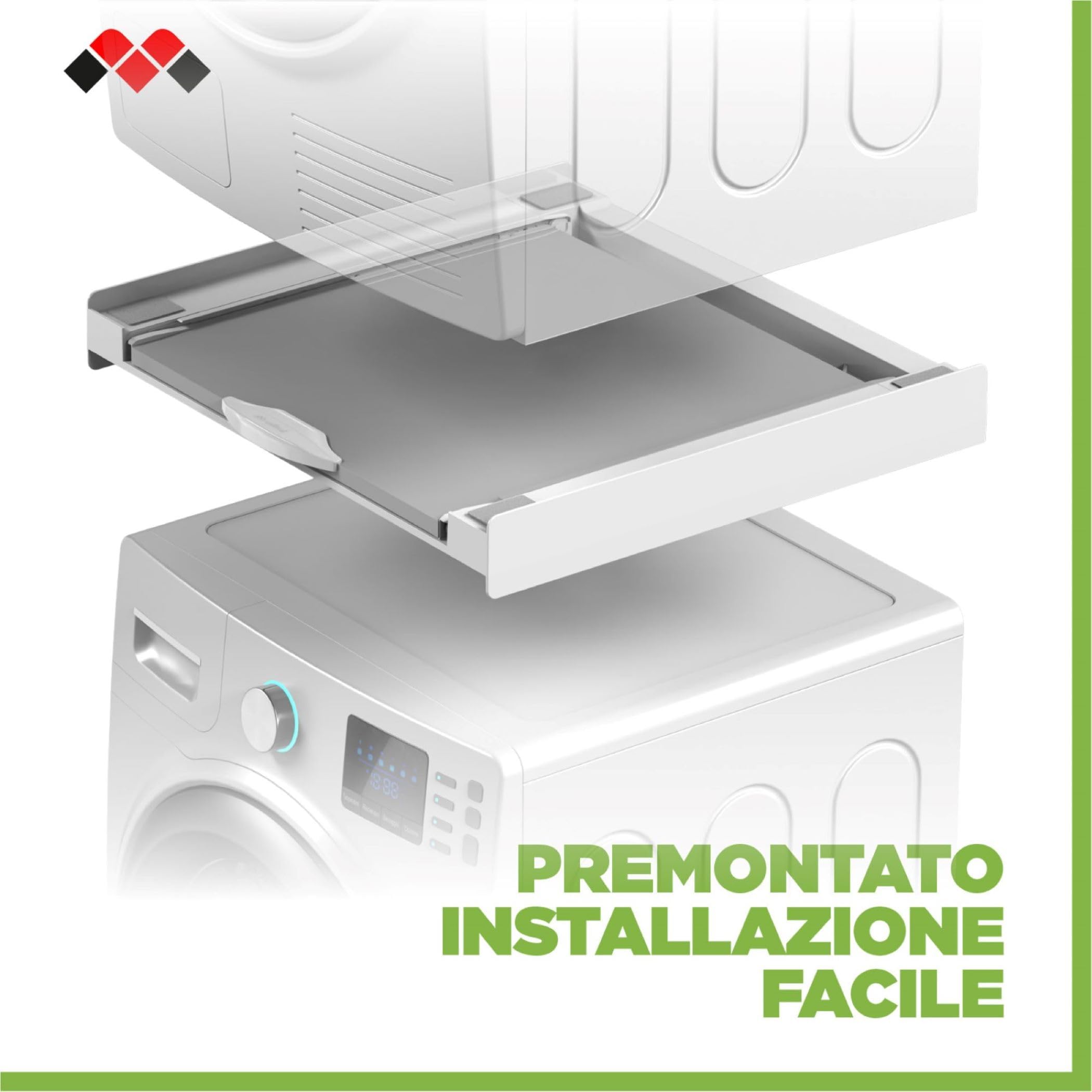 Meliconi Base Torre Evo L60, Kit di Sovrapposizione Lavatrice Asciugatrice, Supporto Premontato con Ripiano Estraibile in Legno, Cinghia di Sicurezza Inclusa, Portata 250 Kg, Made in Italy, Bianco