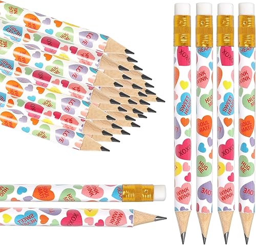 JarThenaAMCS 50 lápices para el día de San Valentín con borradores, lápices de escritura cortos de corazón de conversación, 2 estilos, medios