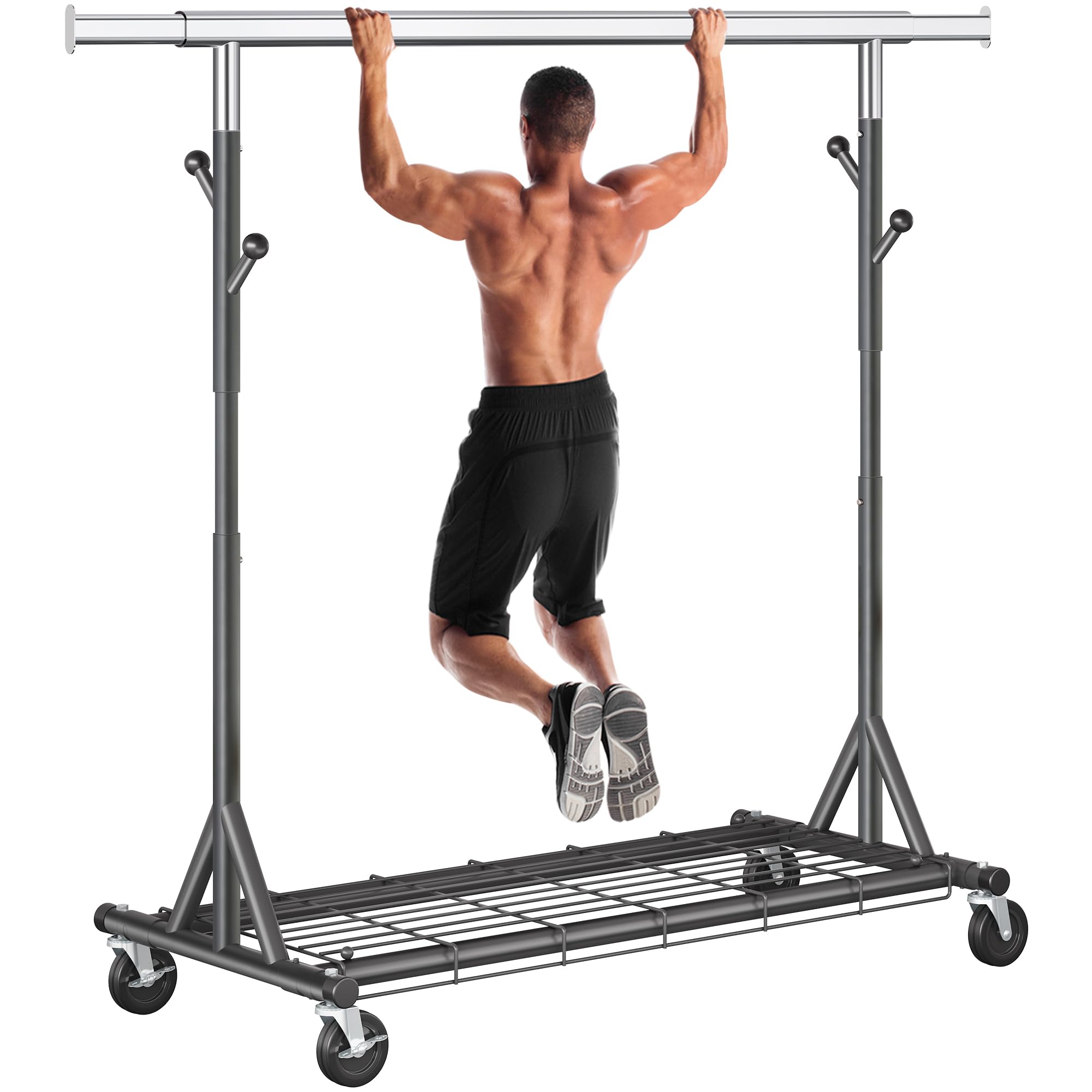 Heavy Duty Clothes Rack Load 530 LBS Metal Garment Clothing Rack Hang 200 pieces of clothing on Wheels Collapsible Rolling Portable & Adjustable with Hook for Hanging Clothes Black