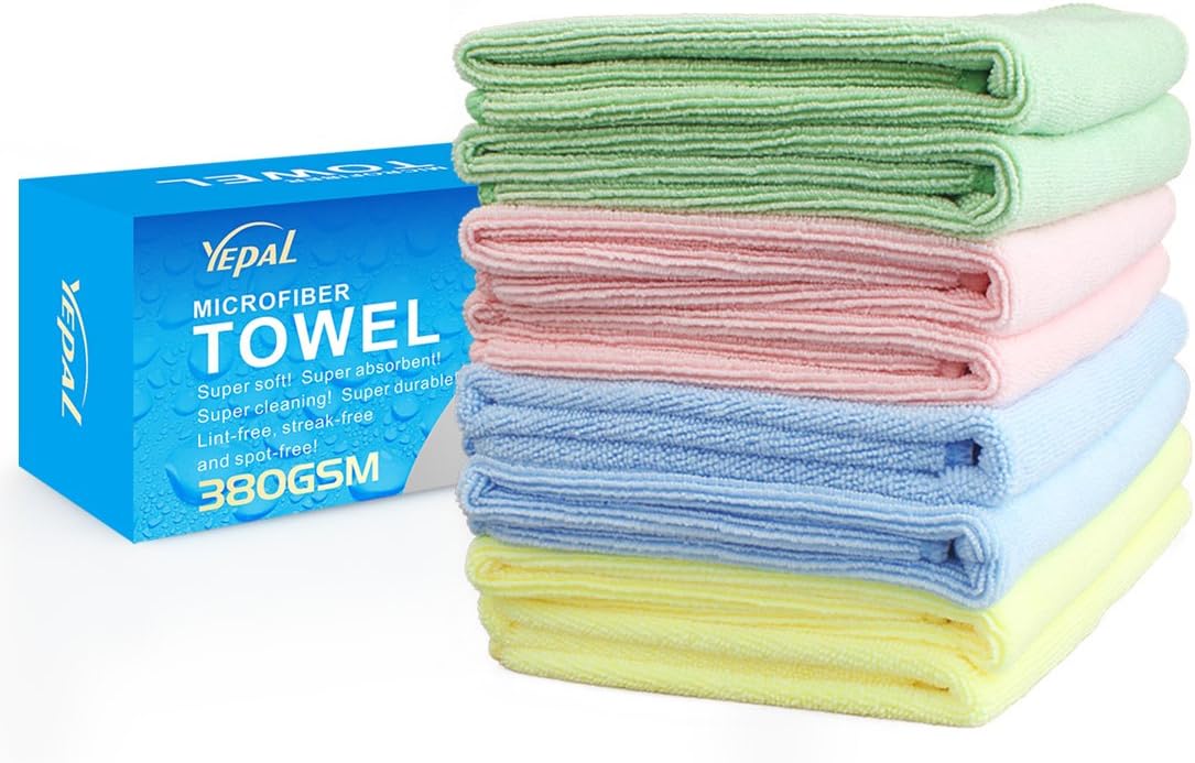 Yepal 380gsm Multi-purpose Microfiber Drying Towel, Microfiber Cleaning Towel, 8 Pieces ( 4 Colors ) in One Pack, Size At 14.2"x 14.2", Optional Choose for Auto Clean, Kitchen Clean, Household Clean, Window Clean Etc