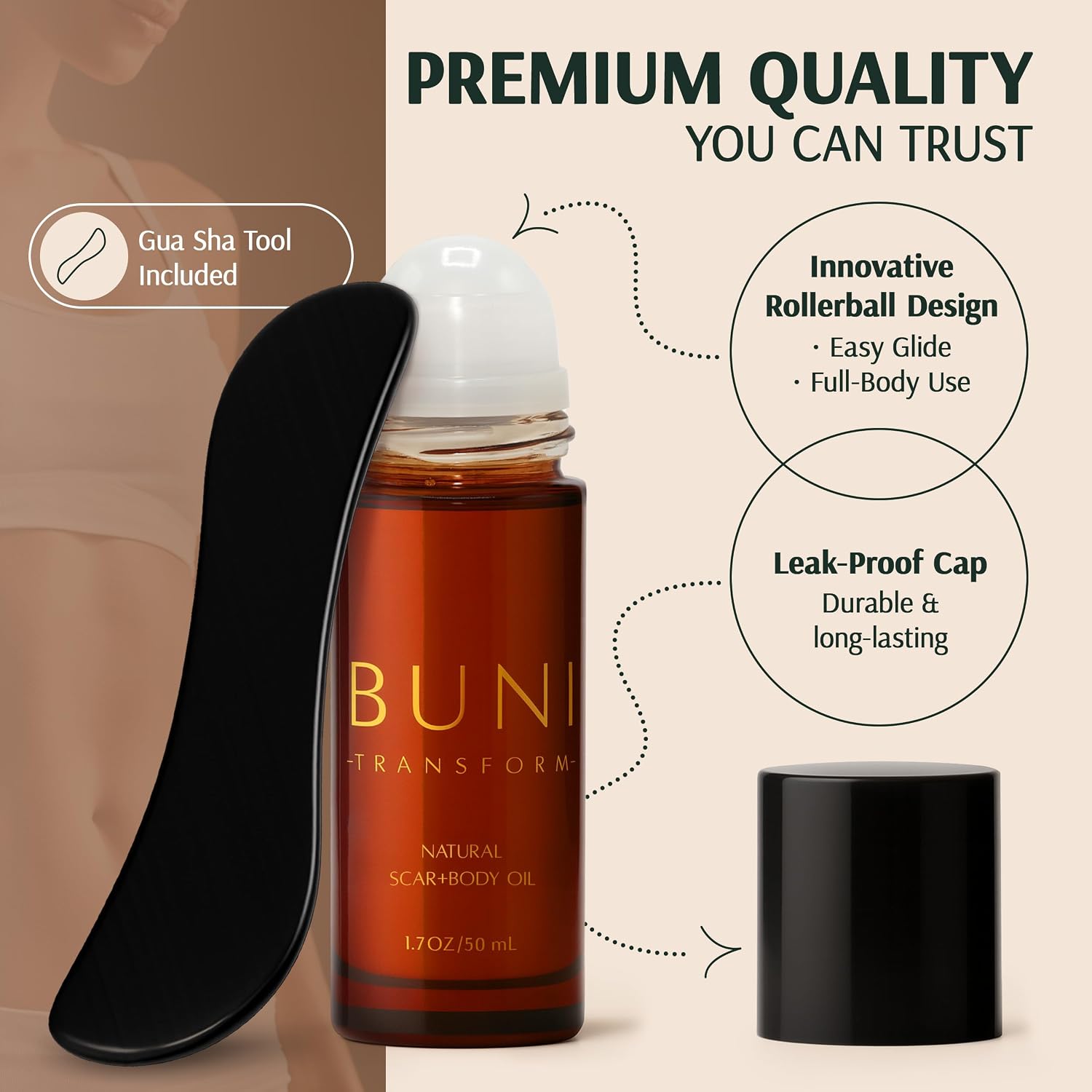 BUNI Premium Scar Oil with Gua Sha – Natural Hydrating Body Oil with Vitamin E for Women & Men, for Stretch Marks & Scars, After-Shower Moisturizer, Unscented, Travel Size Dry Skin Care 1.7 oz (50 ml)