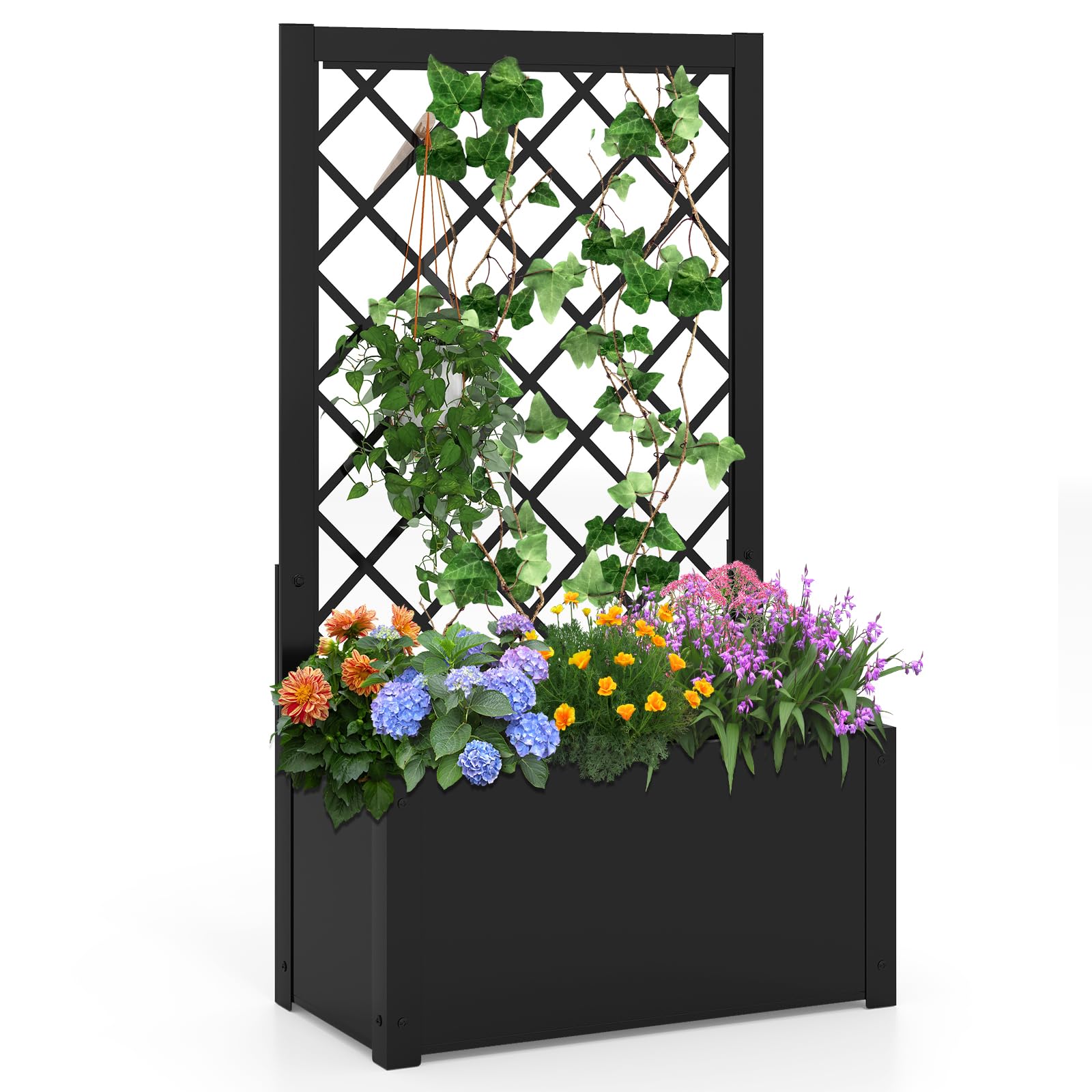 COSTWAY Garden Planter with Trellis, Metal Trough Grow Box, Indoor Outdoor Raised Garden Bed for Climbing Vine Plant (63 x 31 x 112 cm) — image 1
