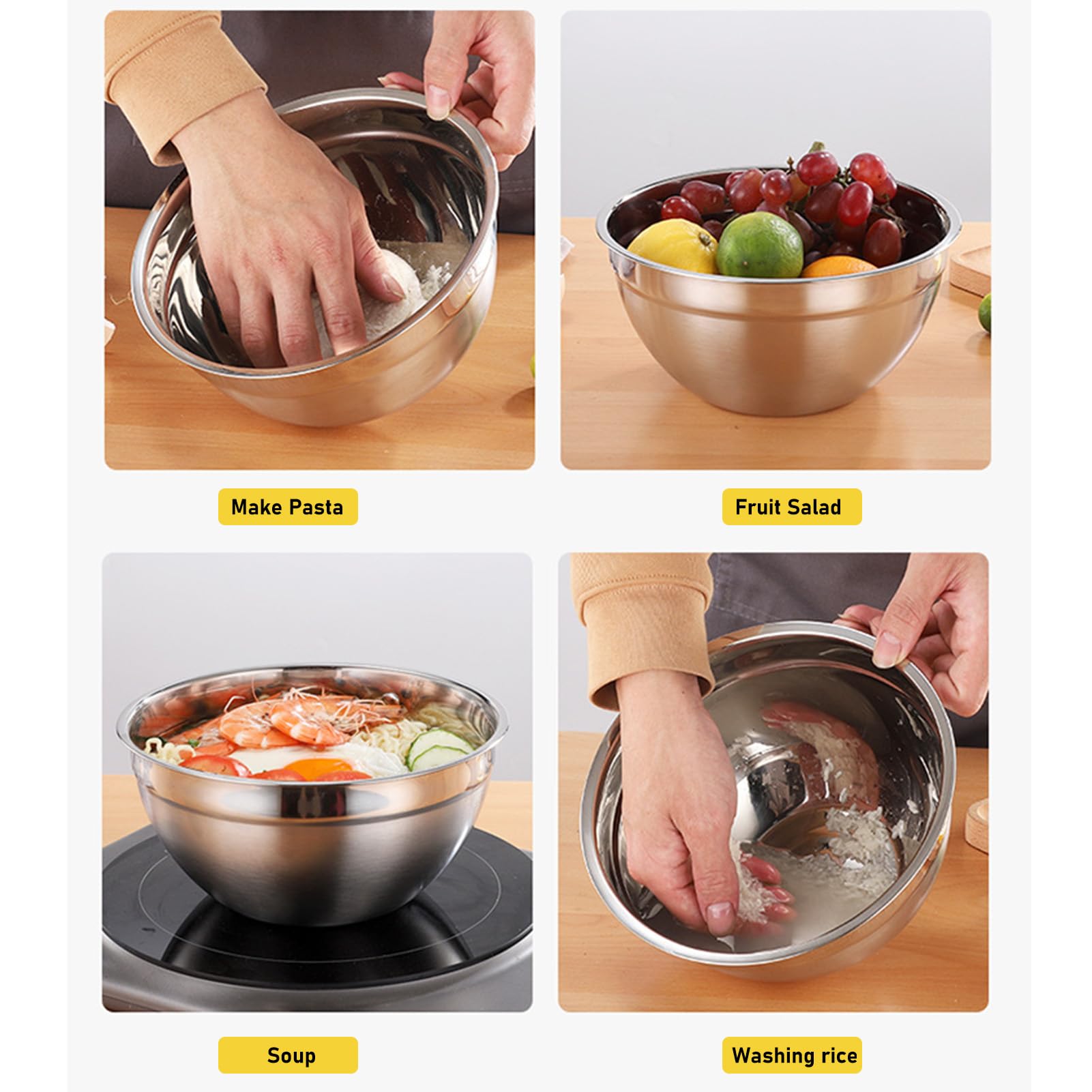 Cuencos para mezclar, juego de 5 con tapas, recipientes apilables de acero inoxidable para cocinar, hornear, preparar, servir, duraderos, ahorran espacio, cuencos de preparación