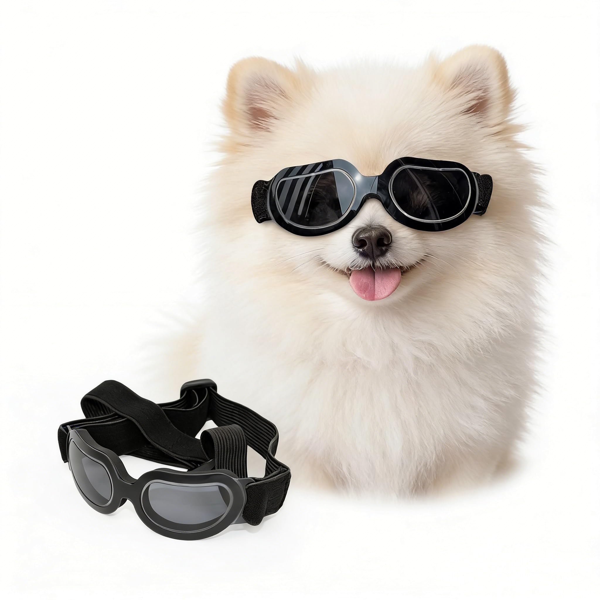 ENJOYING Okulary przeciwsłoneczne dla małych psów, gogle z filtrem UV dla szczeniąt, wiatroszczelna ochrona oczu na rower i do auta, regulowane paski, stylowy czarny (Cool Black)