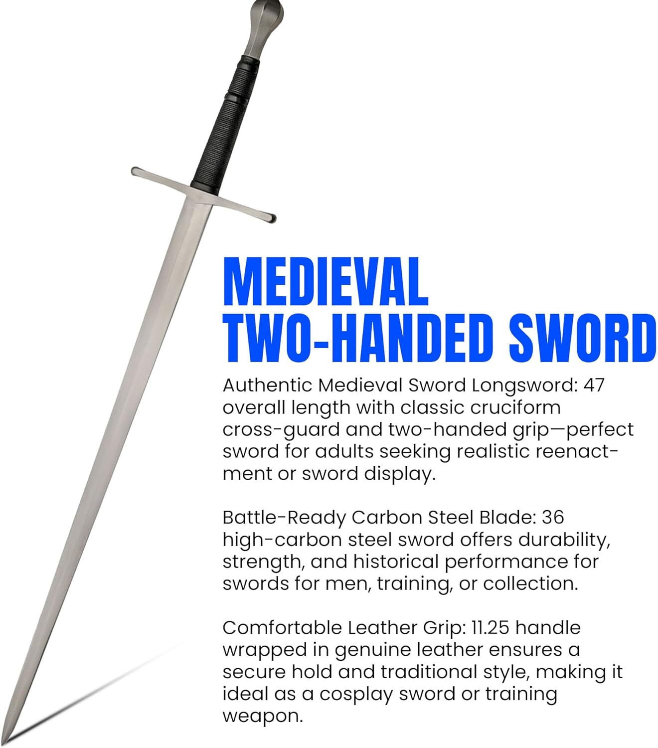 SZCO 47″ Medieval Two-Handed Sword – Real Swords for Adults with 36″ Carbon Steel Blade, Leather-Wrapped Handle & Scabbard for Display - Image 2