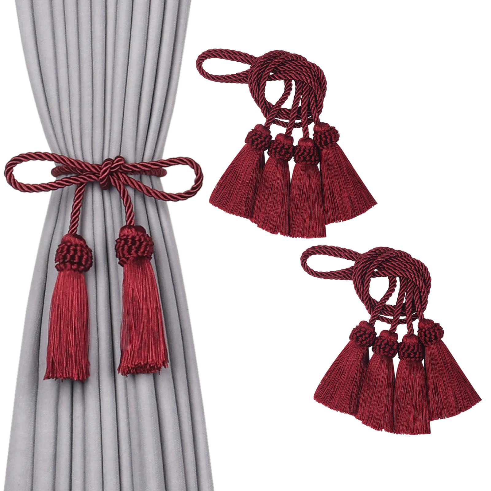 Pretty Jolly Double-Ended Tassel Curtain Tiebacks, 4 Pack, Wine Red