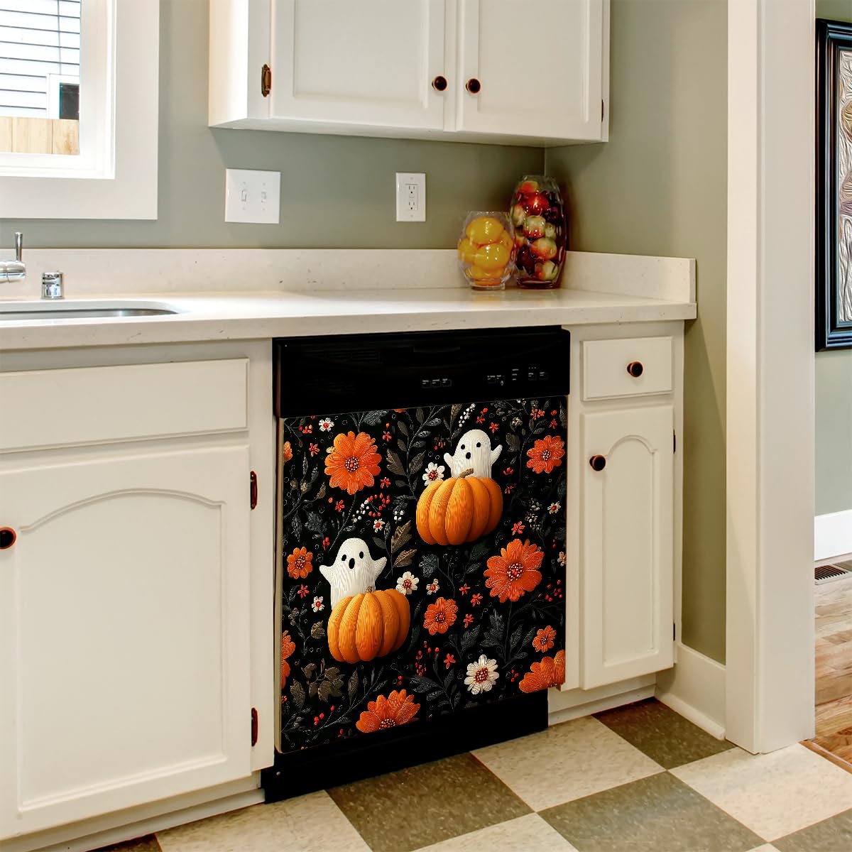 Mexpekil Adesivo decorativo per lavastoviglie con motivo floreale e fantasma, con foglie scure, 58 x 66 cm, adesivo decorativo per lavapiatti per porta d'ingresso, impermeabile, pannello magnetico per