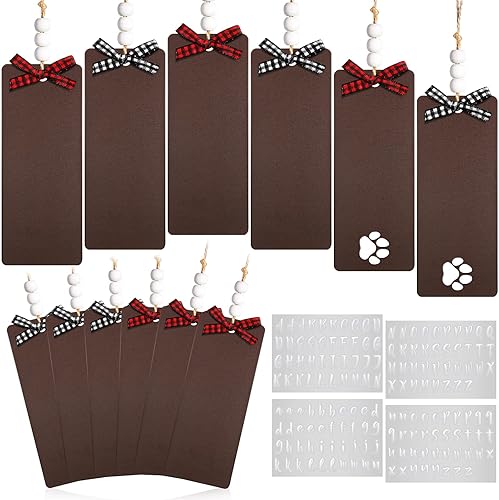 Miniatura 8 de 12 etiquetas de madera con nombre para calcetines de Navidad, etiquetas de madera para calcetines de perro con lazos a cuadros y 4 calcomanías de