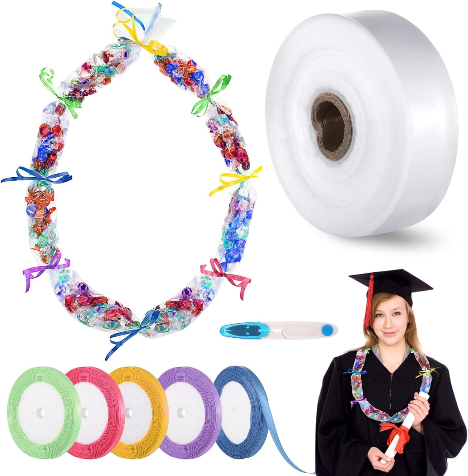 Poly Tubing with Ribbon & Scissors, 2" W x 656' L Poly Tubing, Graduation Candy Lei Tubing Bag, Candy Dessert Filler for Graduation Party, Cutter Length Packaging Bag for Food, Electronic Components