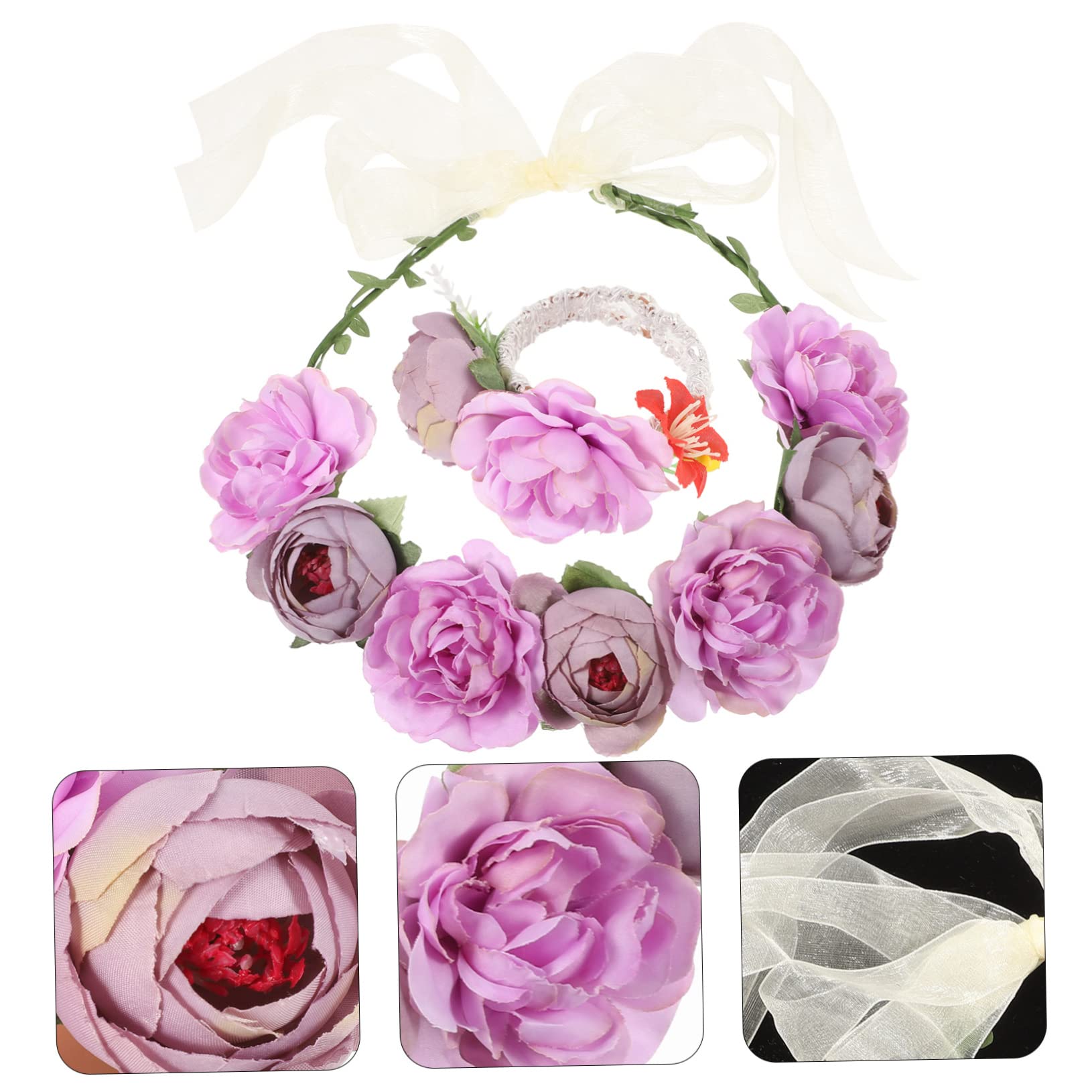 ABOOFAN 4 Juegos De Diadema Flor Niña Tocado Novia Tocado Niña Lazos Para El Pelo Accesorios De Fiesta De Té Para Mujeres De Flores Para Niñas Guirnalda Pulsera Diadema De