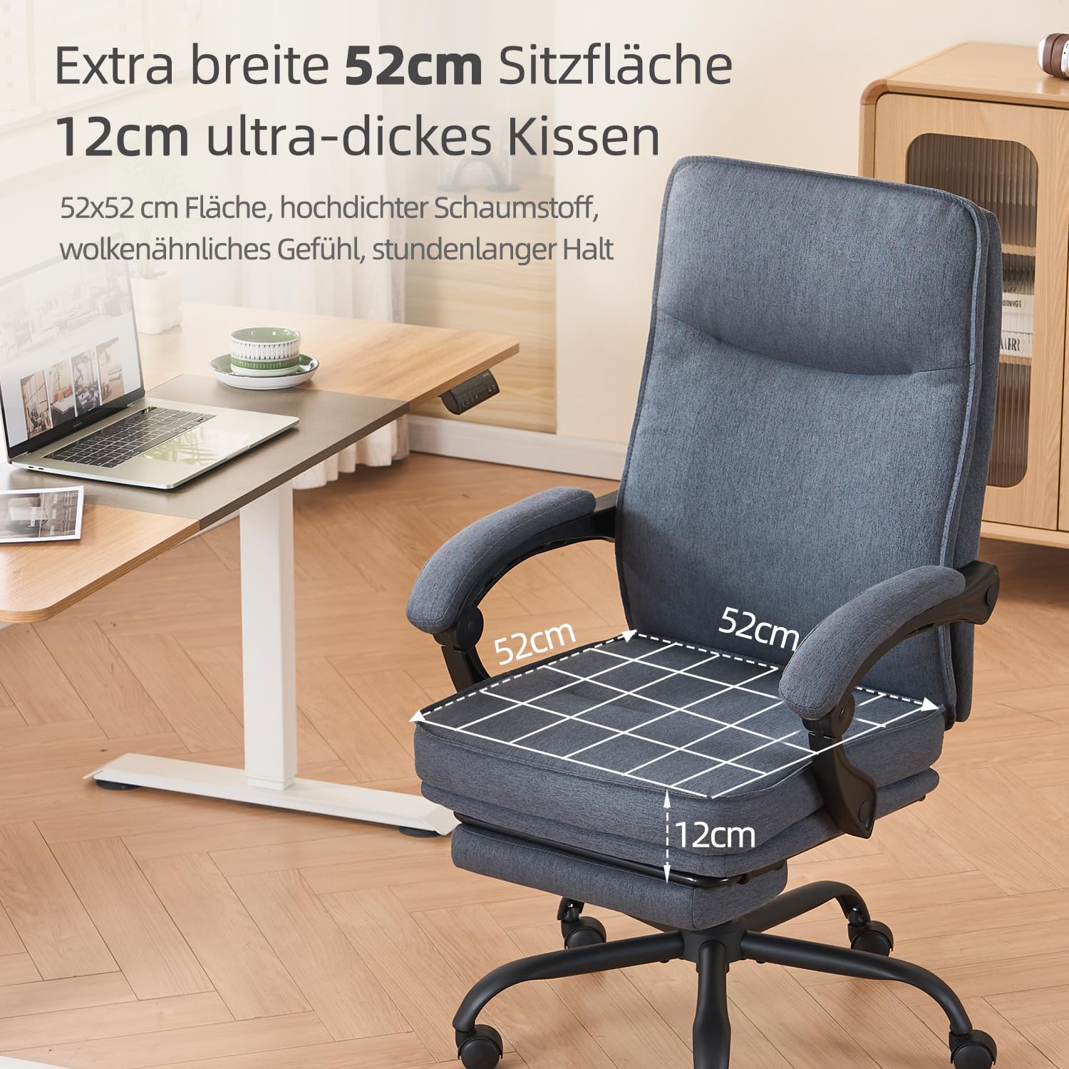 MZLEE Bürostuhl, Schreibtischstuhl Ergonomisch mit Fußstütze, Linkage-Armlehnen, Höhenverstellbar, Liegefunktion 90°-135°, Stoff Chefsessel für Arbeiten und Nickerchen, Stuhl 150 kg
