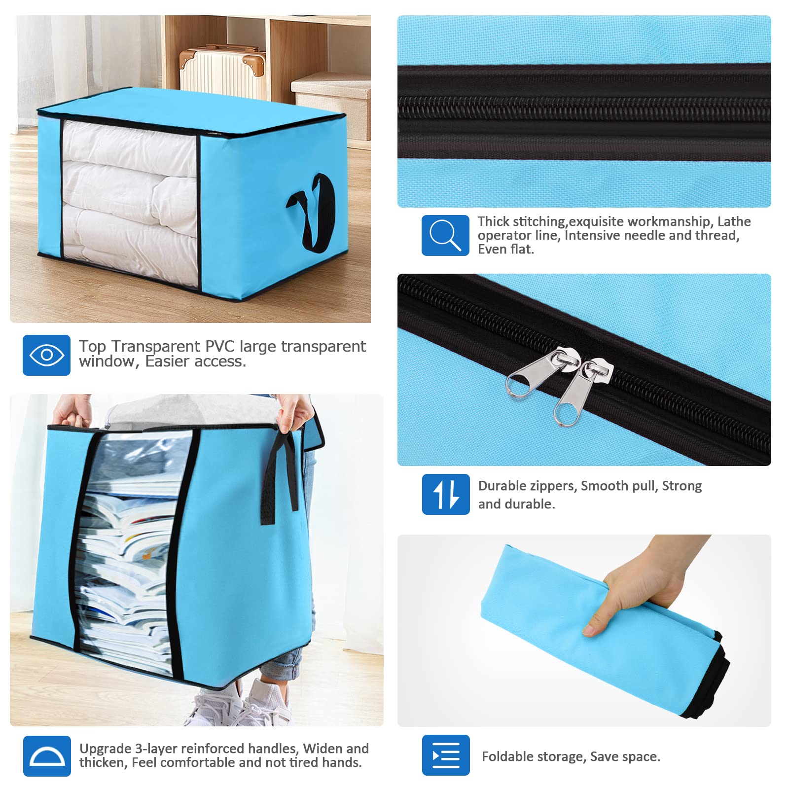 Scatole per Armadio in Tessuto Oxford per Trapunte e Coperte, Porta Abiti Grande capacità con Manico Rinforzato, Pieghevole Custodie Impermeabili antibatteriche 60x43x35cm 4pcs