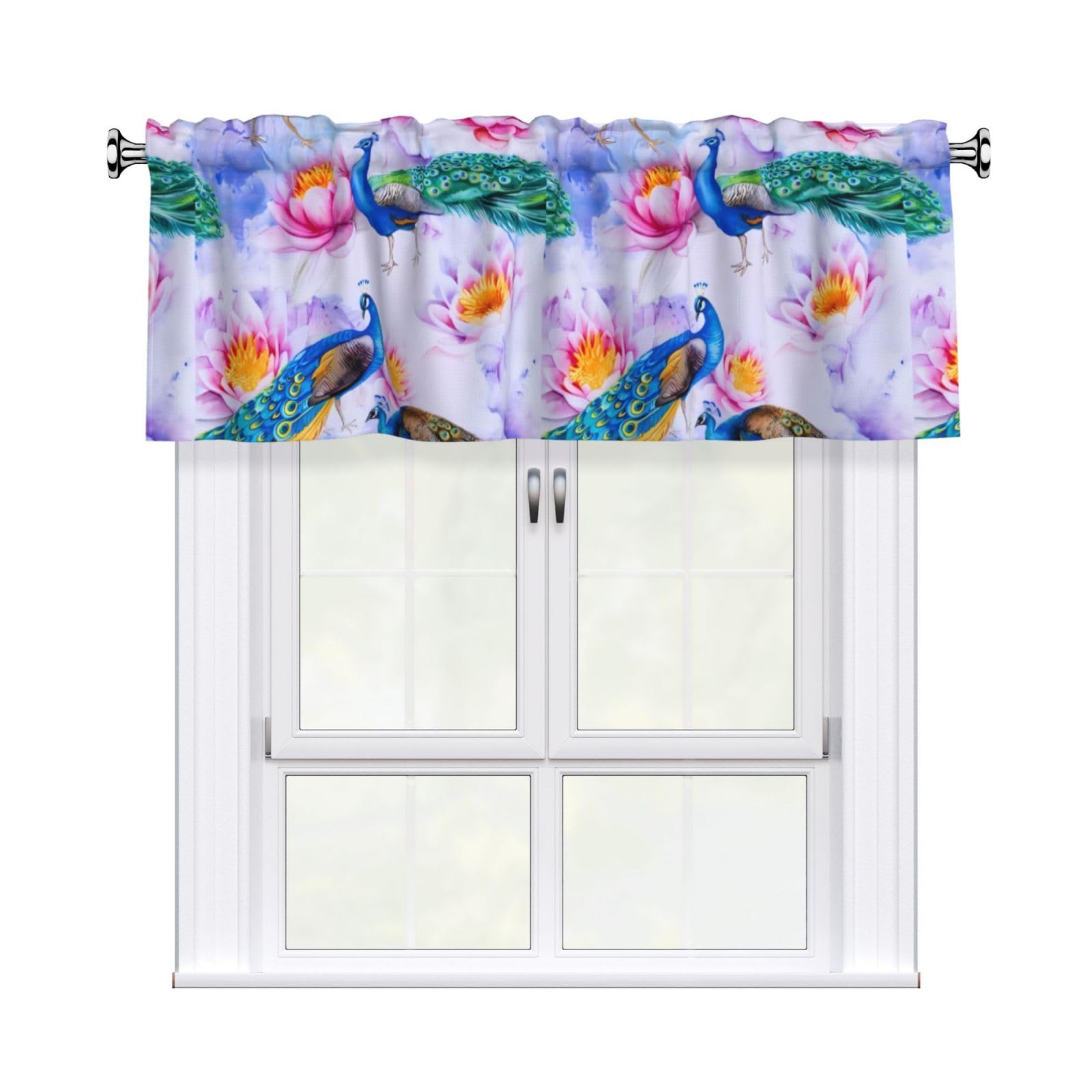 HJFCZH WHJSSF Beautiful Peacocks and Lotuses Prints 54x18in Curtain Valance - Peach Skin Polyester Kitchen Cover with Light Filtering Floral & 3" Rod Pocket