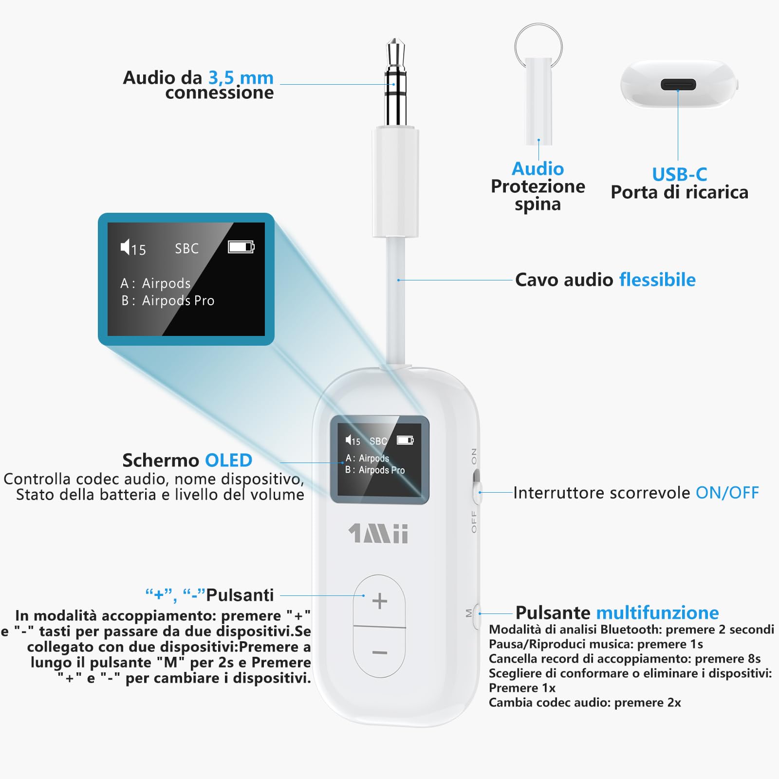 1Mii SafeFly Dual Trasmettitore Bluetooth 5.3 con display OLED per un massimo di 2 cuffie wireless, con aptX HD/AD/LL, utilizzo con jack audio da 3,5 mm su aerei/palestra/TV/iPad/tablet