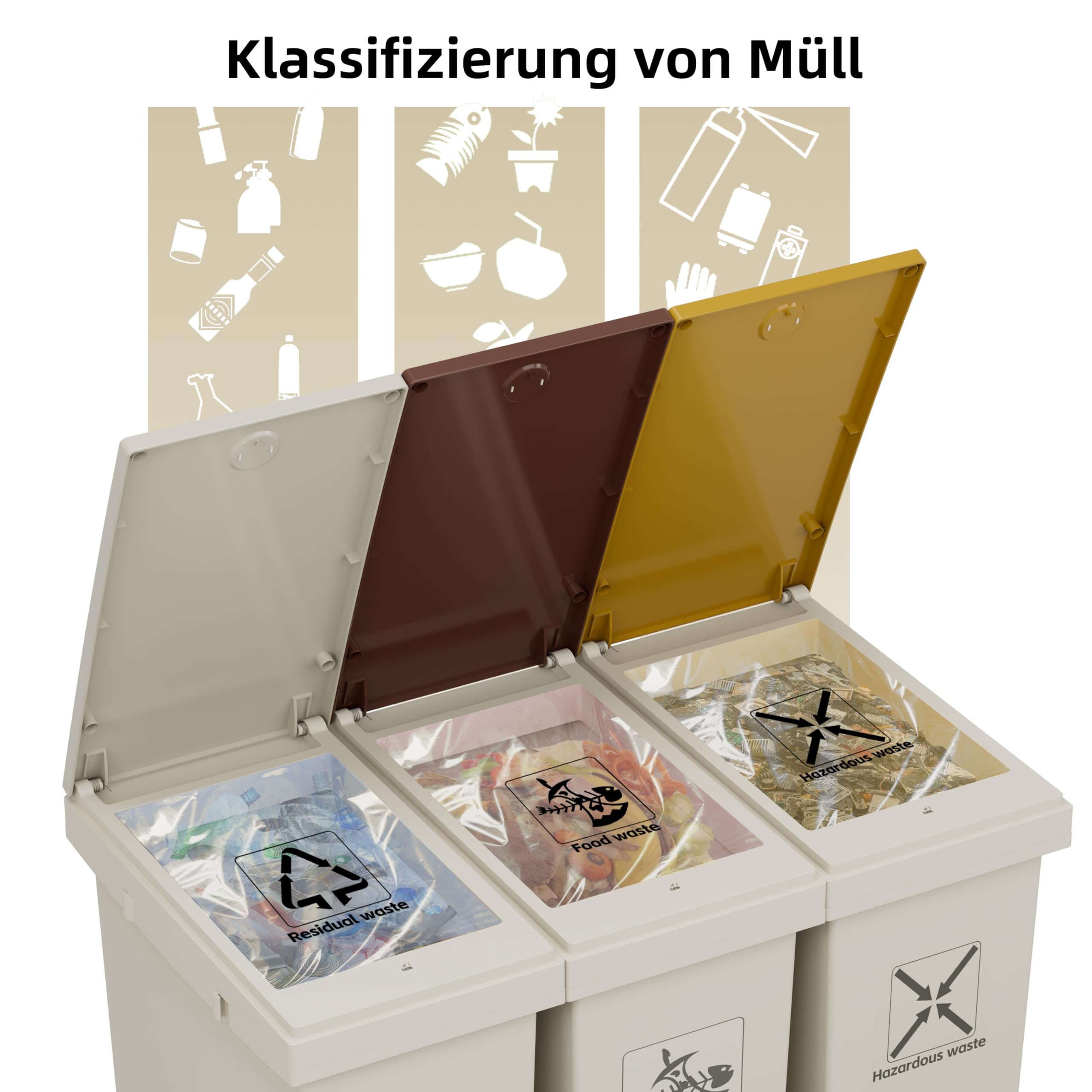 3-er Mülleimer-Set Küche Mülltrennsystem 3x Mülleimer mit Deckel, 3 X 12L, herausnehmbare Recycling-Mülleimer mit Rollen, Mülltrennsystem für Papier, Kunststoff, Glas, Küchenmülleimer (36L-100)
