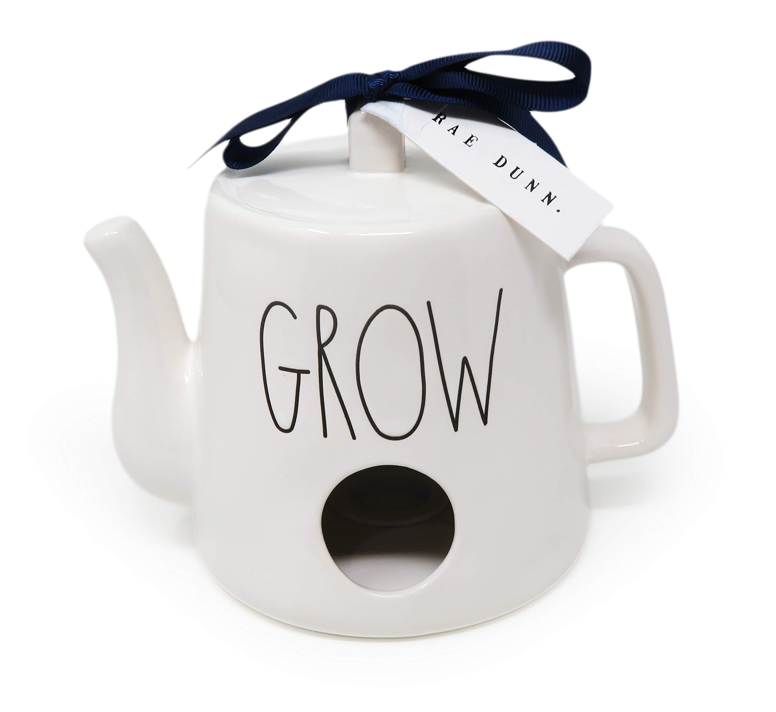 RAE DUNN BY MAGENTA Grow Ceramic LL Watering Can Teapot Shaped Decorative Birdhouse with Navy Blue Ribbon 2020 Limited Edition