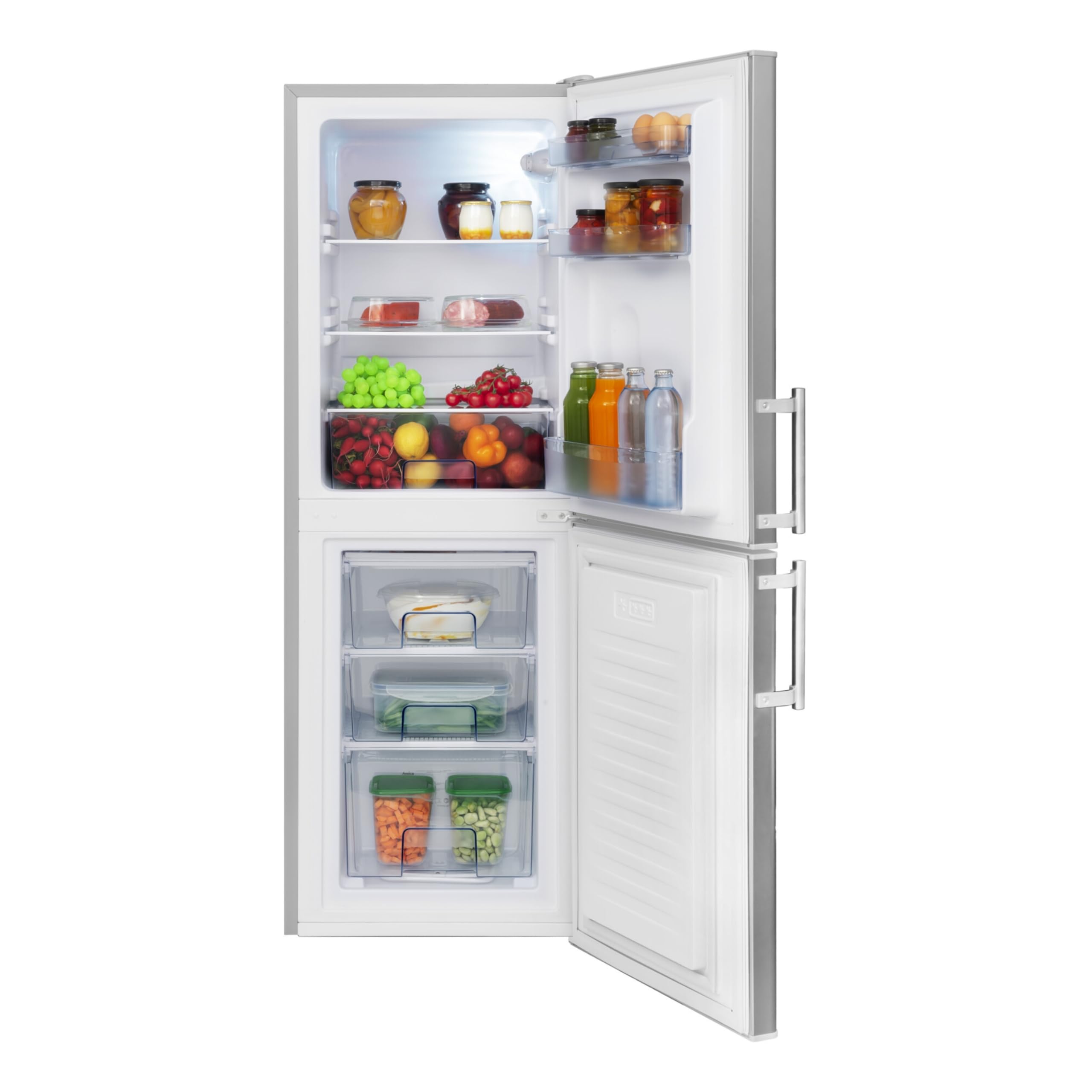 Amica Kühl-Gefrierkombination 138 L 148x52x59 cm KGC 384 111 E | 93 L Kühlteil, 45 L Gefrierteil, Automatische Abtauung, LED Beleuchtung, Gemüseschublade, 3 Gefrierschubladen, Eiertablett