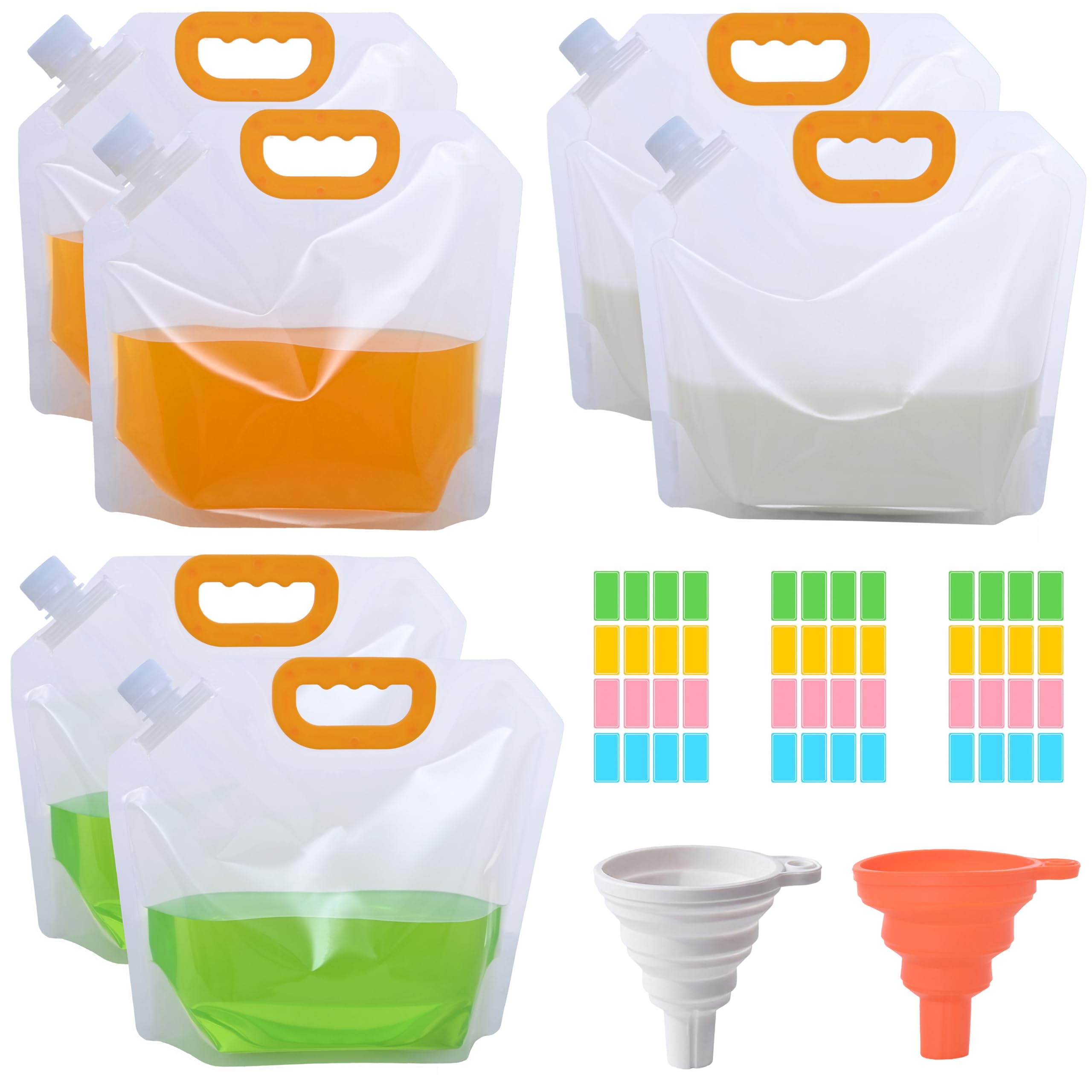 LSHYSMA 6Pcs 2.5L Clear Handle Drink Pouches for Festivals,Refillable Alcohol Water Pouches,with Cover Funnel and Stickers,Leak Proof Travel Plastic Juice Liquid Pouches for Camping,Party (6, 2.5L)