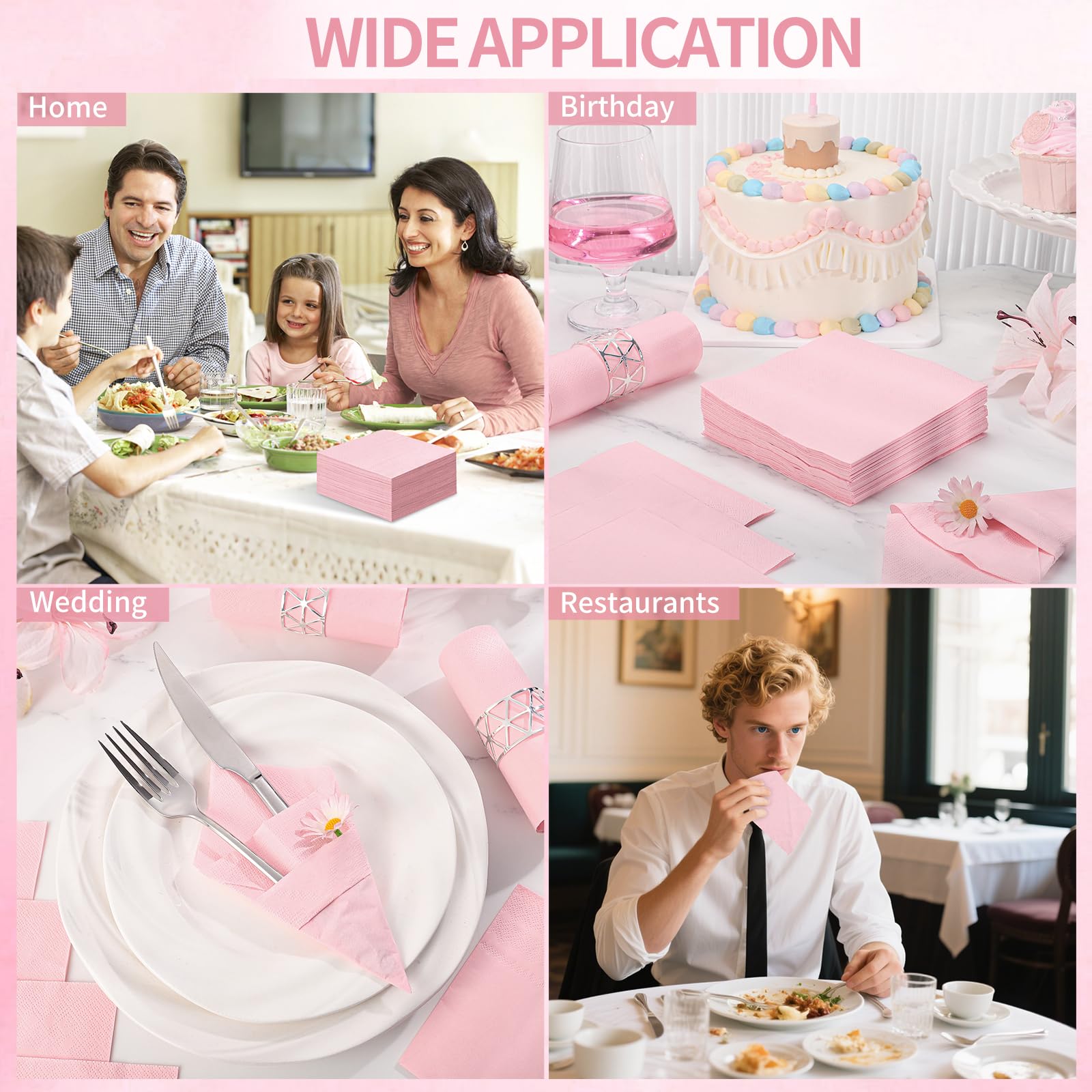 60 szt. różowych serwetek 15 cm, 2-warstwowe jasnoróżowe serwetki koktajlowe papierowe serwetki | Jednorazowe serwetki imprezowe na urodziny ślub dziewczyna baby shower wieczór panieński