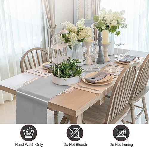 Miniatura 4 de Camino de mesa plateado de 12 x 108 pulgadas, paquete de 4 caminos de mesa de satén, camino de mesa suave para fiestas, bodas, banquetes, cumpleaños