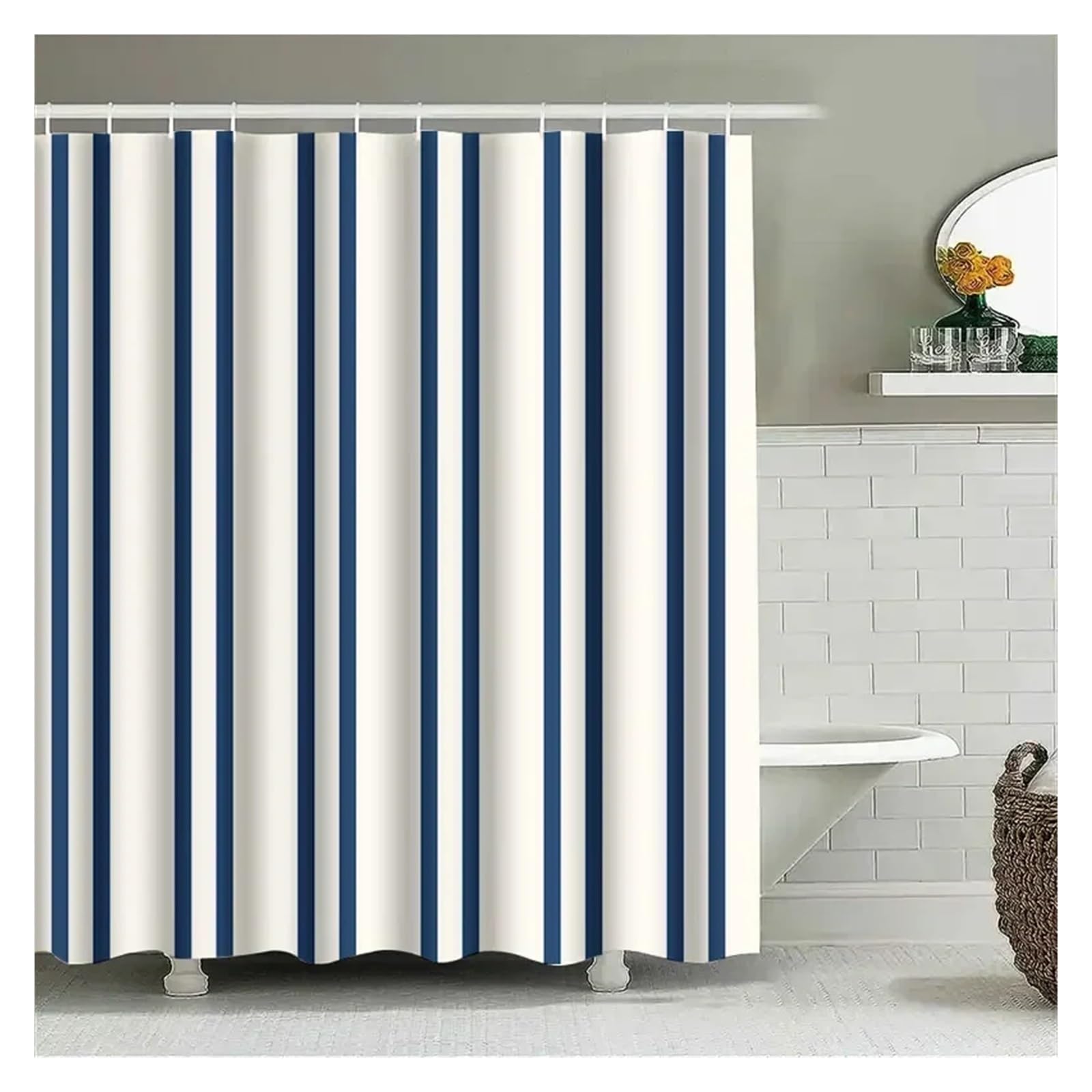 PIGENEQW Shower Liner Cloth Waterproof Blue White Striped Shower Curtain Waterproof Bath Mat Decorative for Bathroom Acce(150x180cm)