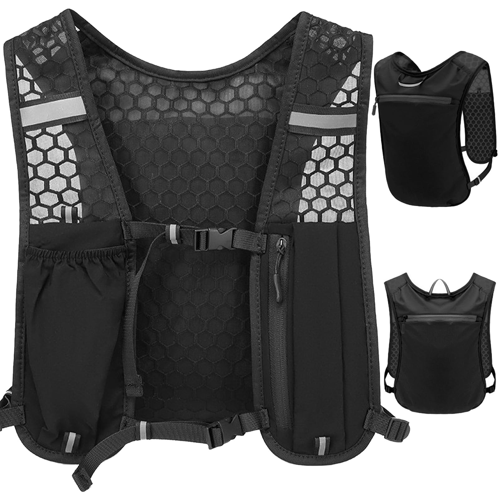 Laufweste für Damen & Herren, Reflektierender & Verstellbarer Trinkrucksack, Ultraleicht & Atmungsaktiv mit 500ml Softflasche-Fach und Handytasche für Laufen, Marathon, Wandern, Radfahren