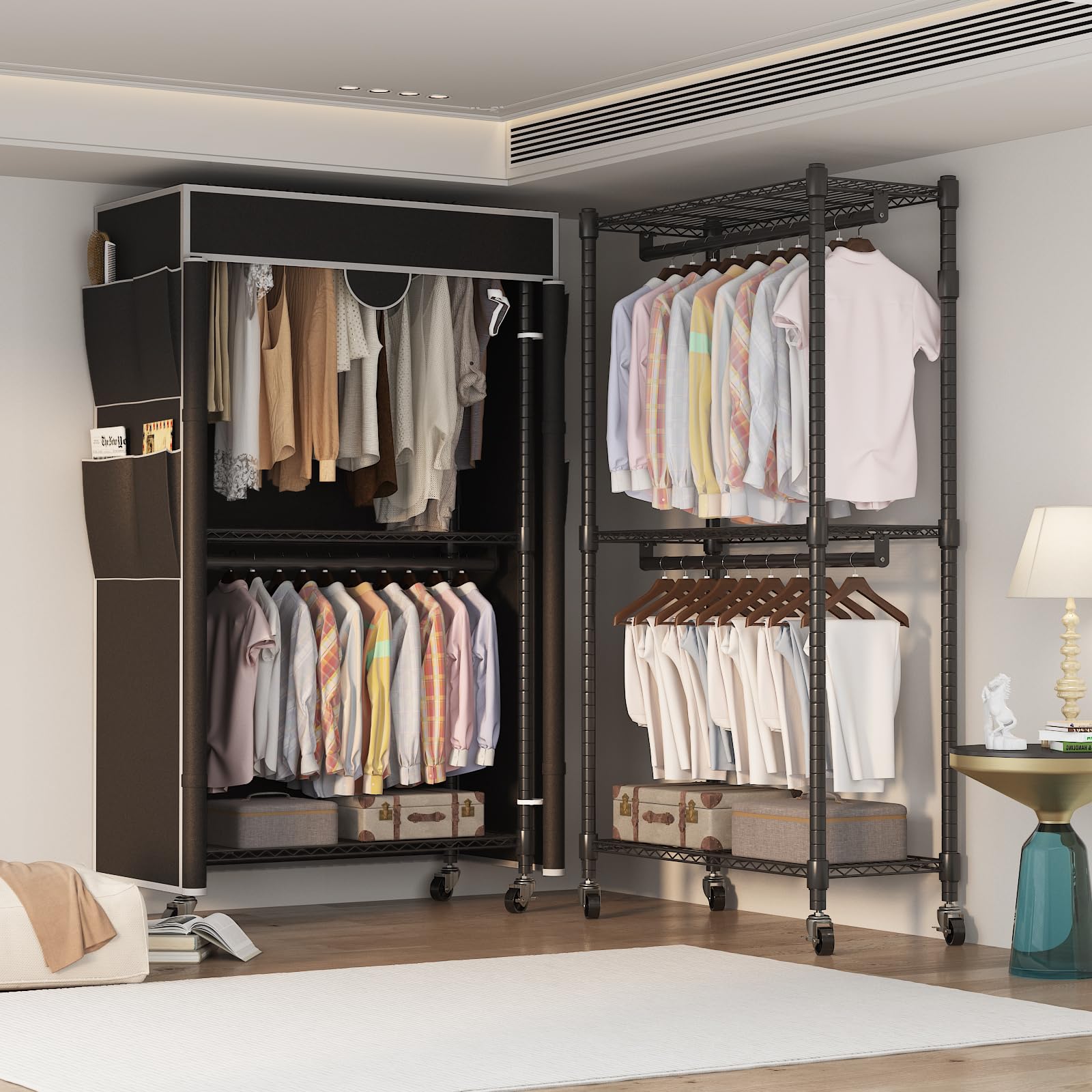 Himimi Kledingrek met afdekking, kledingrek op wielen, zware belasting, kledingstang, stabiel, met in hoogte verstelbare plank, open kledingkast, metalen garderobe voor slaapkamer, 90 x 45 x 205 cm