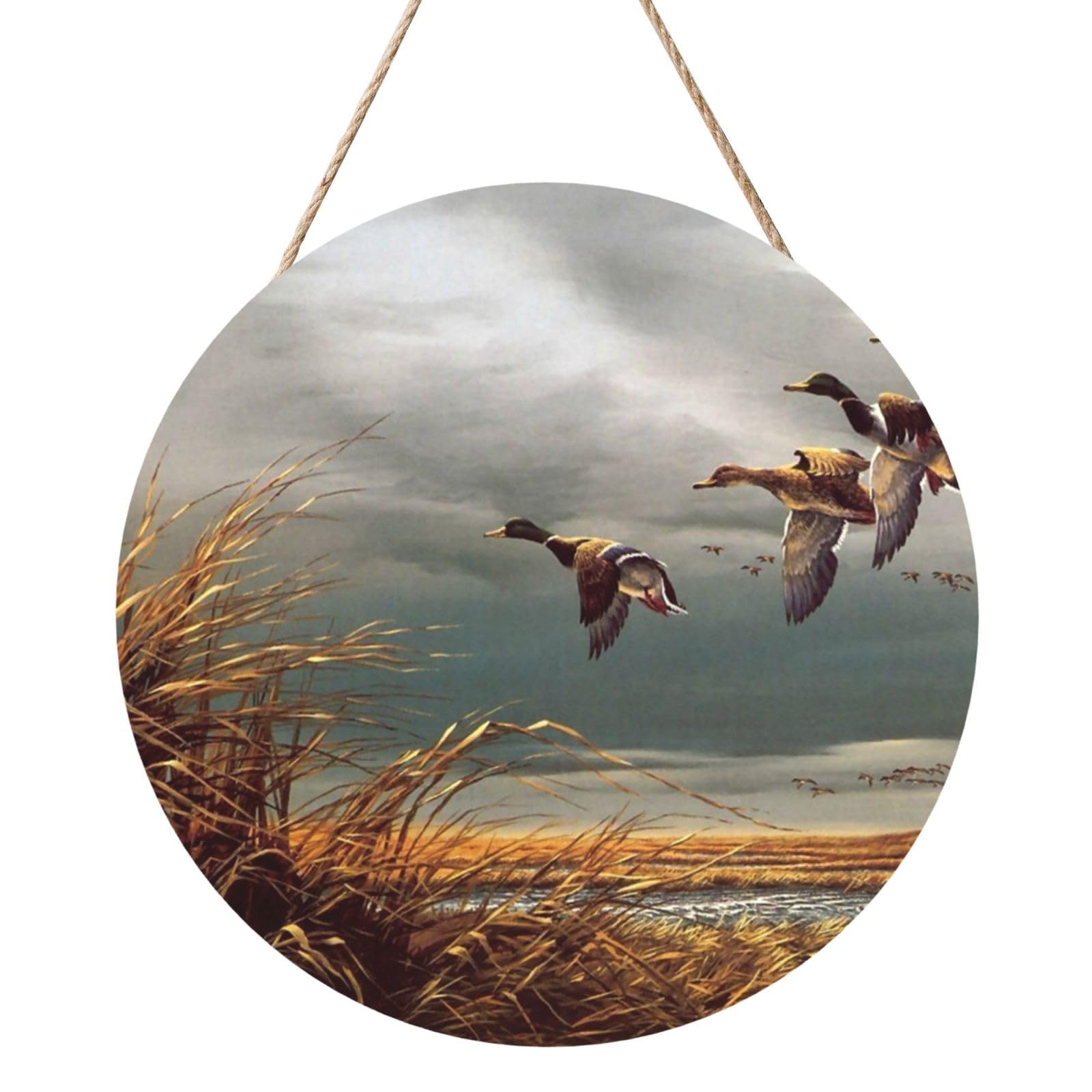 InOmak Hunting Flying Wild Ducks, Round Wood Panel Painting 12 in, Wall Hanging Painting For Home