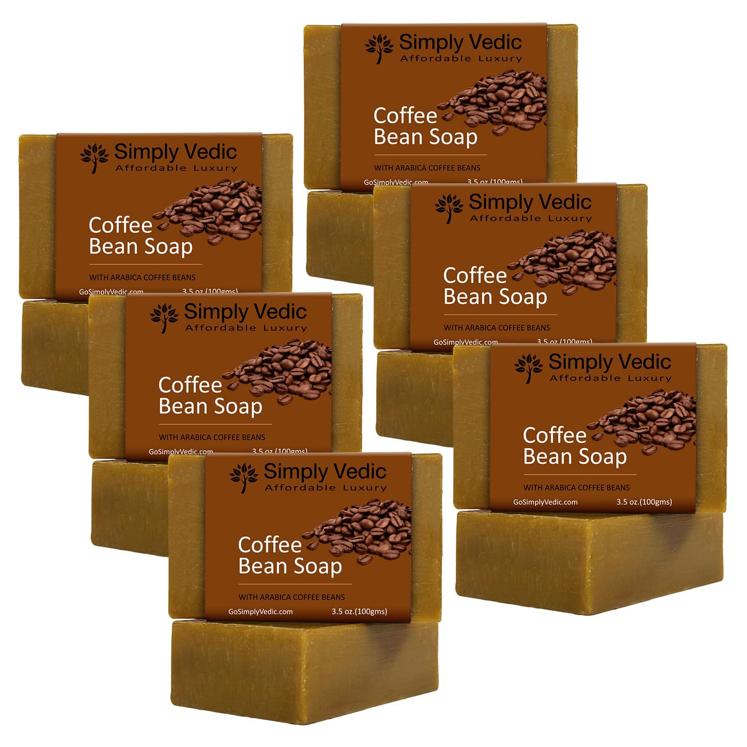 6-Pack Exfoliating Spiced Coffee Bean Soap Bar For Body, Hand, Face. Made With Arabica Coffee Bean Extract, Cold Pressed With Coconut Oil, Hand-Made, Gift Set For Men & Women (3.5 Oz. X 6).