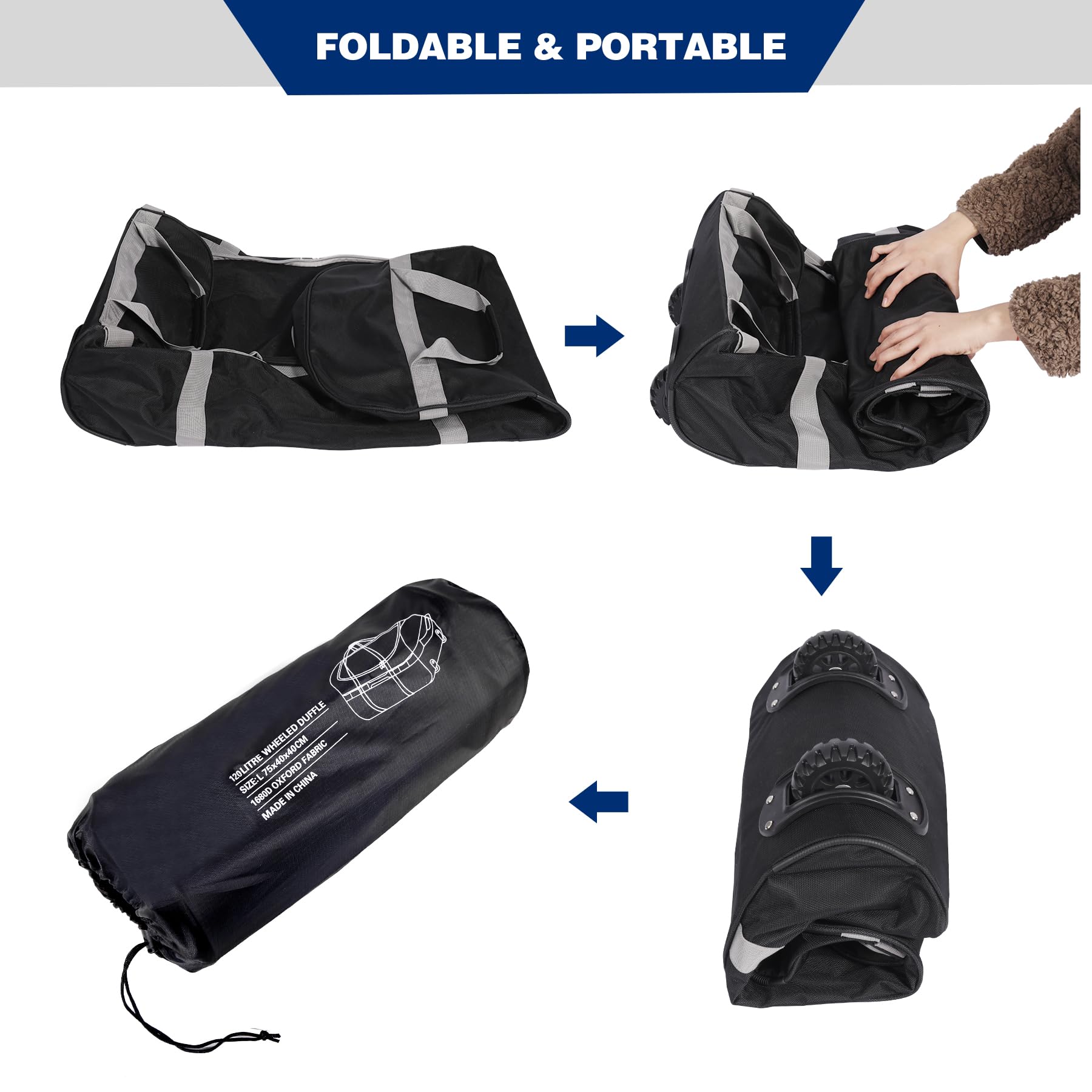 120L Große Reisetasche mit Rollen, Faltbare Sporttasche für Reise Camping Ausrüstung, vielseitiger Travel Bag zum Tragen und Ziehen, Schwarz