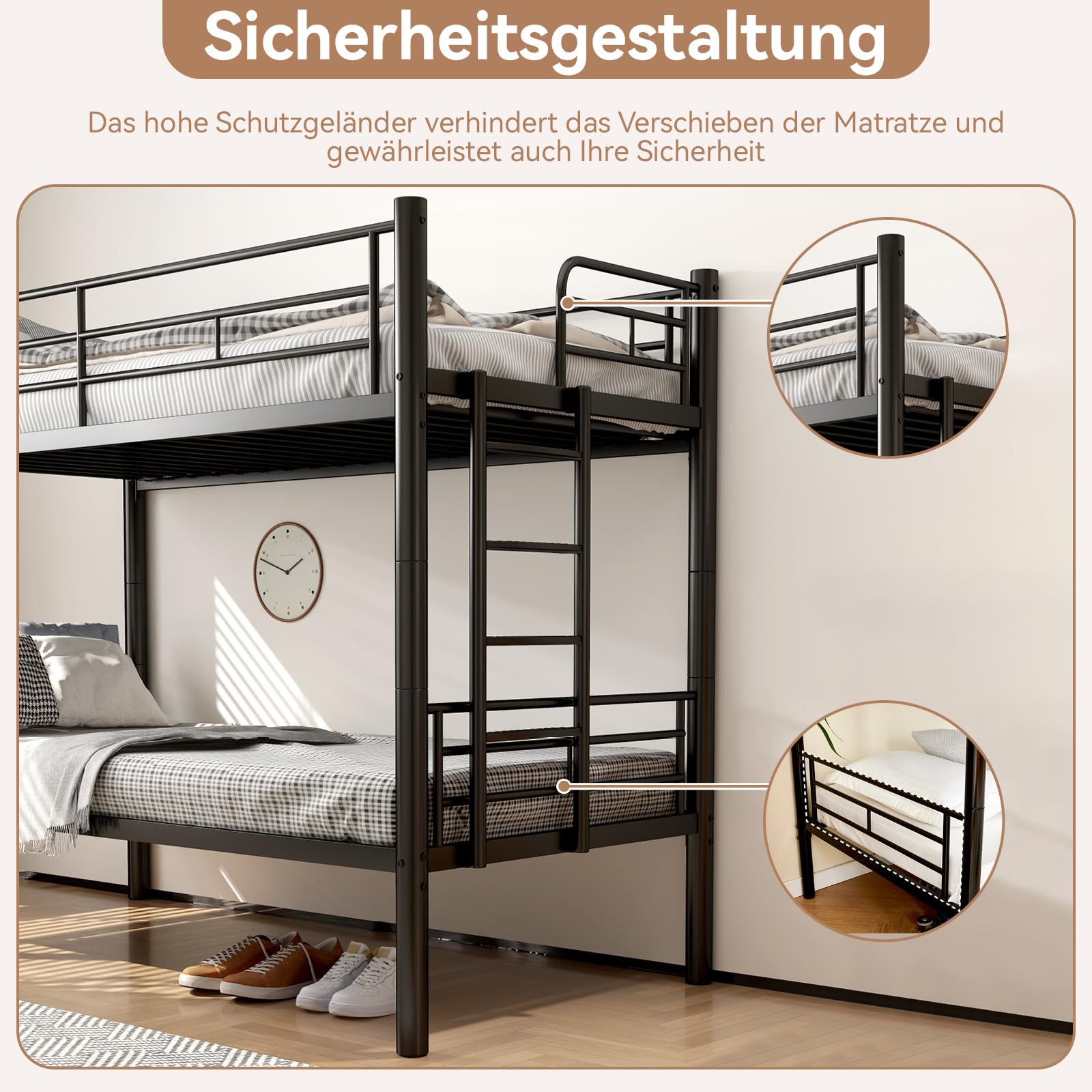 Litera de 90 x 200 cm, con escaleras y protección anticaídas, litera de metal con somier, convertible en 2 camas individuales, cama alta para niños, adolescentes y adultos (negro)