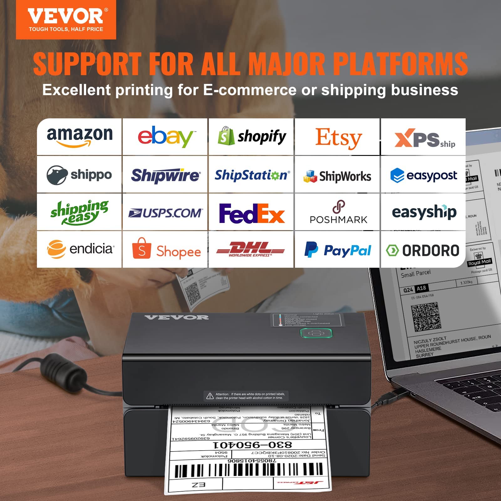 VEVOR Drukarka termiczna Bluetooth, drukarka etykiet Edesive 4x6, etykieciarka termiczna kompatybilna z Windows/MAC OS/Linux/Chromebook, obsługuje DHL, USPS, FedEx, Shopify, Ebay, Amazon itp.