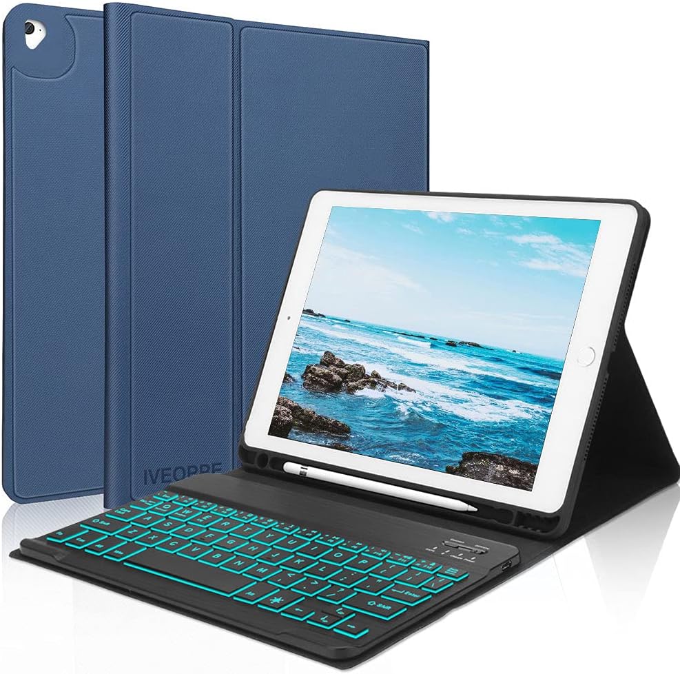 IVEOPPE Teclado con Funda para iPad 9.7, Español Ñ Teclado Bluetooth Retroiluminado para iPad Air 2/iPad Air/iPad 6/iPad 5 /iPad Pro 9.7 Estuche Protector Inteligente con Portalápices, Azul Oscuro
