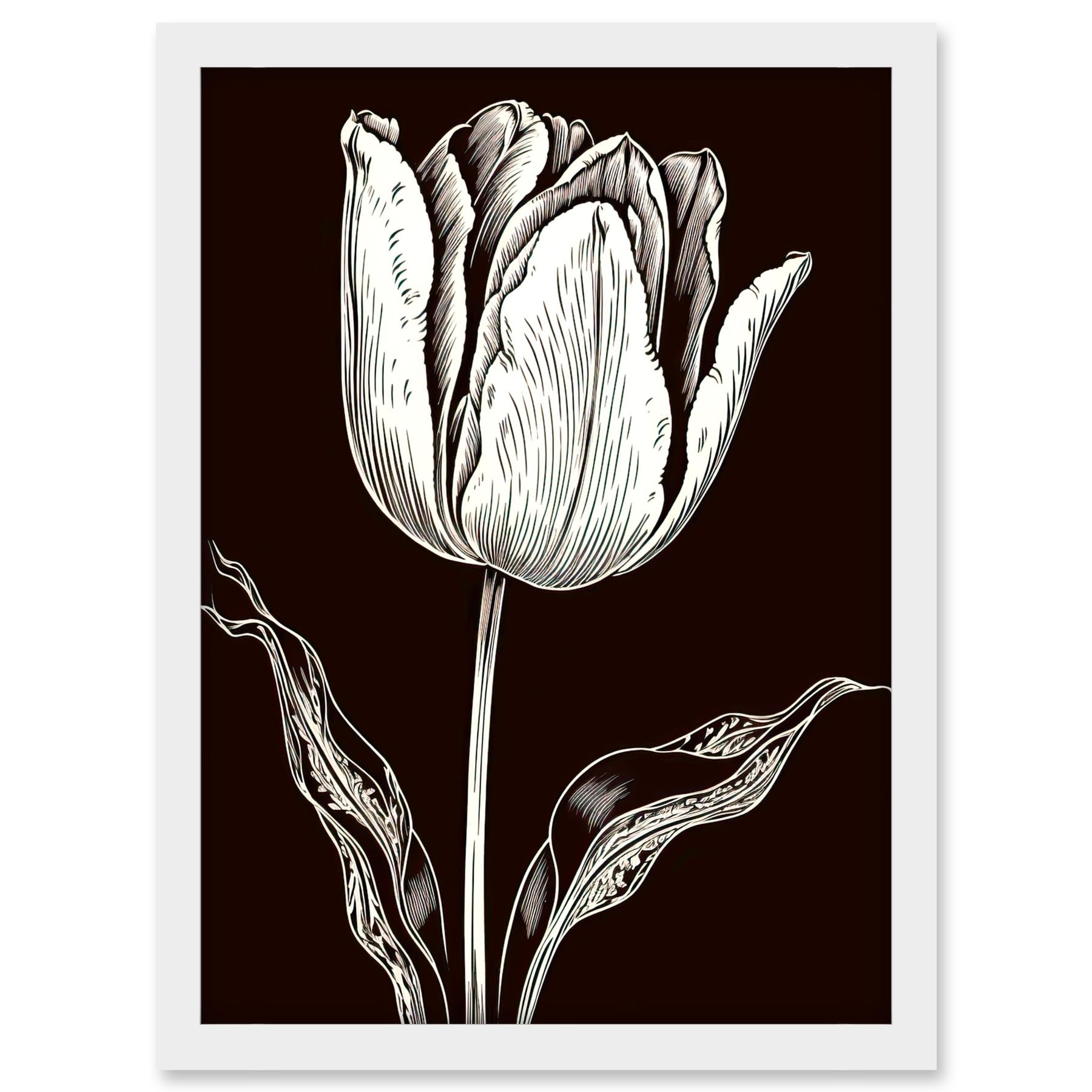 Artery8 Tulip Flower Black and White Contour Folk Art Artwork Framed A3 Wall Art Print