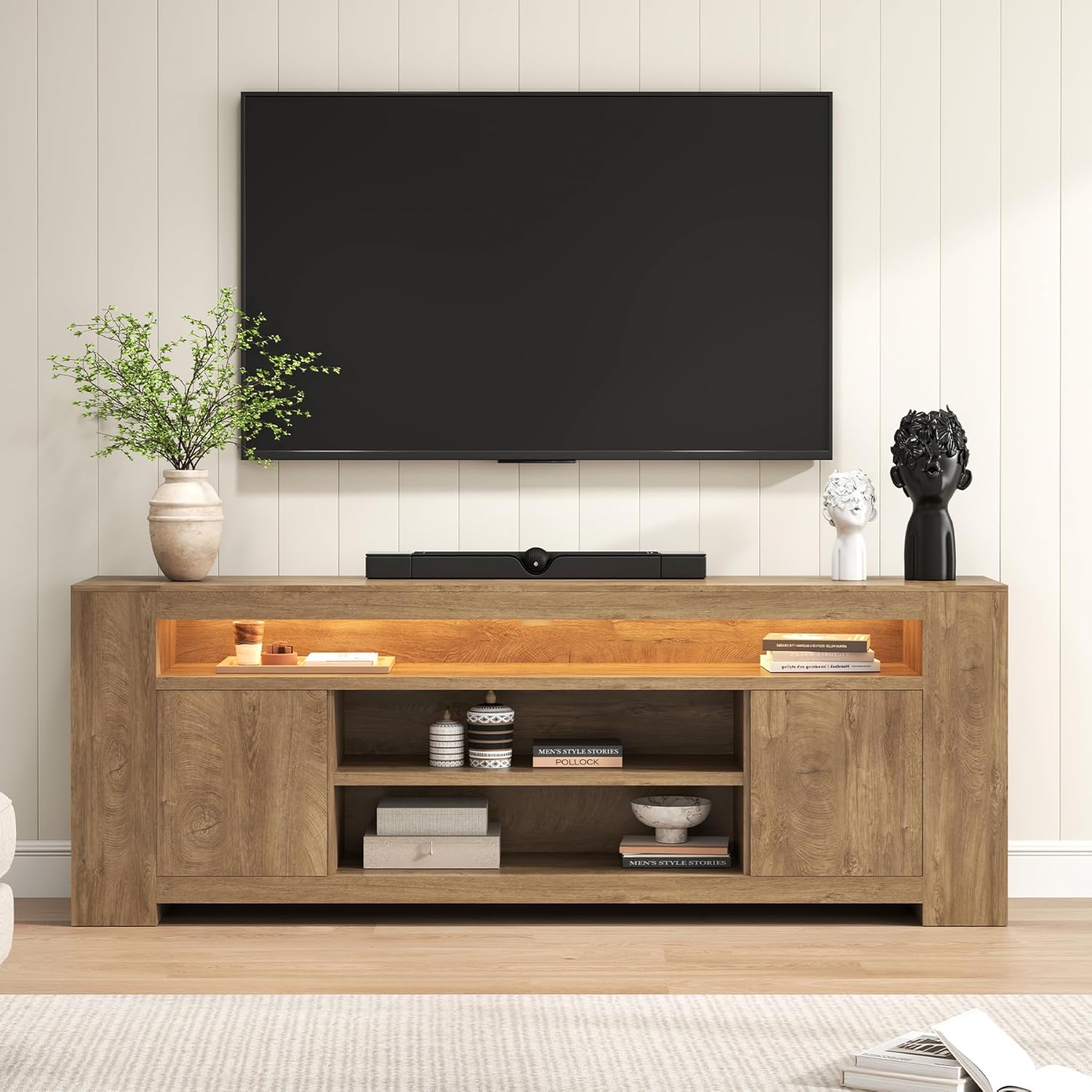 78.75" Long TV Stand with LED Lights, Modern Farmhouse Wooden Media TV Console with Storage Cabinet and Shelves, Adjustable RGB Lighting for Living Room Entertainment Center, Rustic Brown