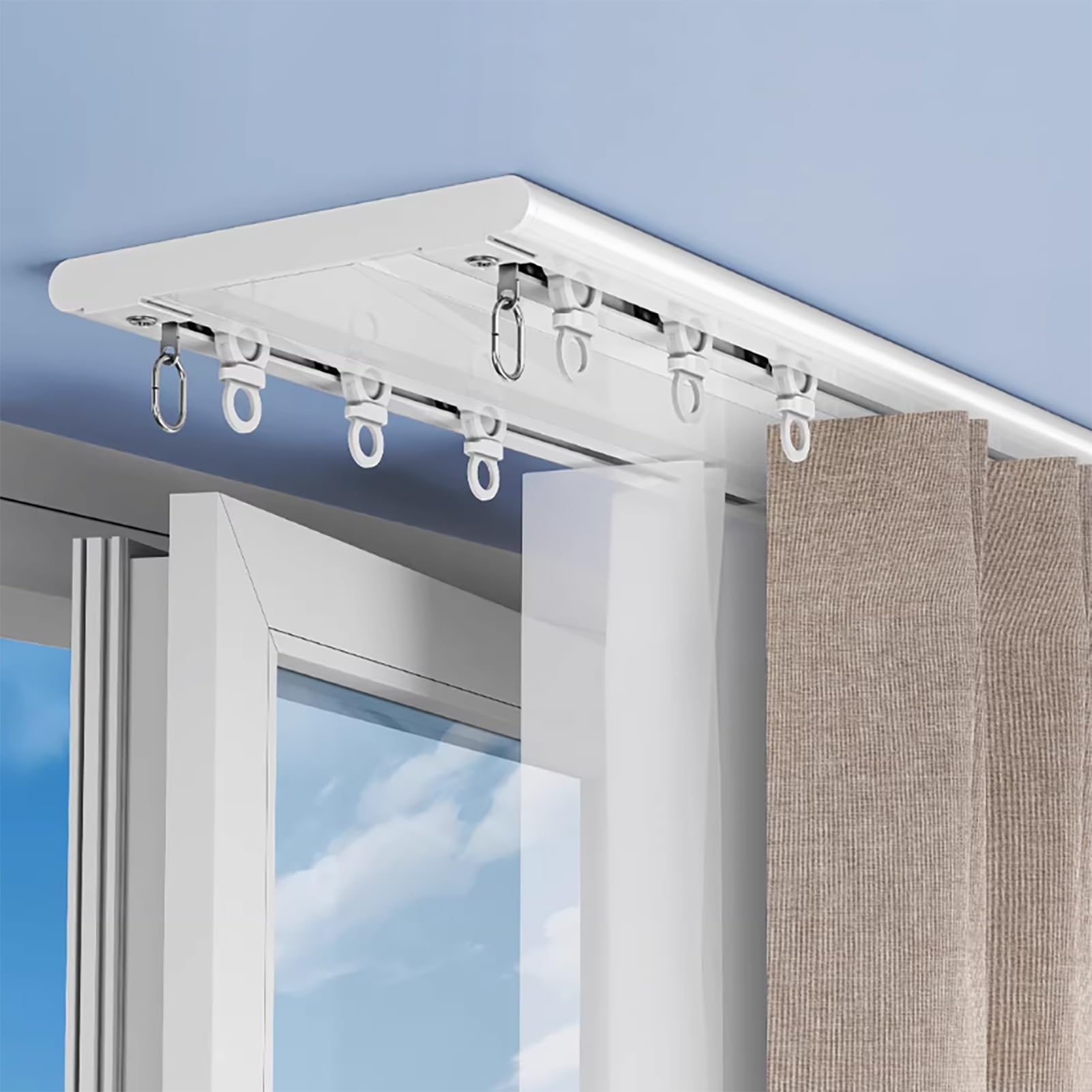 Szyna do Zasłon Sufitowych Sufitowe Podwójne Prowadnice do Zasłon, Aluminiowy System Karniszy z Rolkami, Zestaw Uchwytów do Wąskiej Szyny do Ścianki Działowej/Okna Wykuszowego(5.8m/19ft)