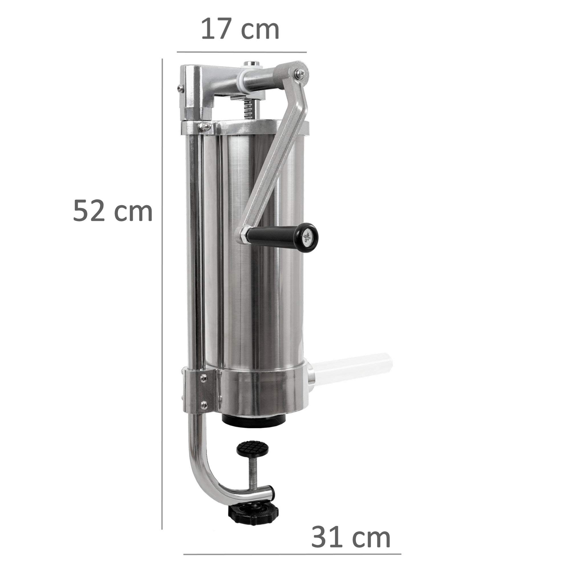 Zelsius Embutidora Profesional Manual de Salchichas en Acero Inoxidable I 2 litros I Con Cuatro Diferentes Tubos de Rellenado I Máquina con Caja de Cambios de 1 Velocidad y Válvula de Ventilación