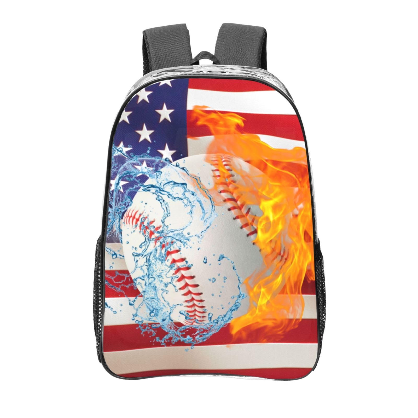 AYCZN Water Fire Baseball Clear Backpack Heavy Duty PVC Transparent Backpacks for Stadium Events USA Flag Sport Burning Clear Bag for Women Men