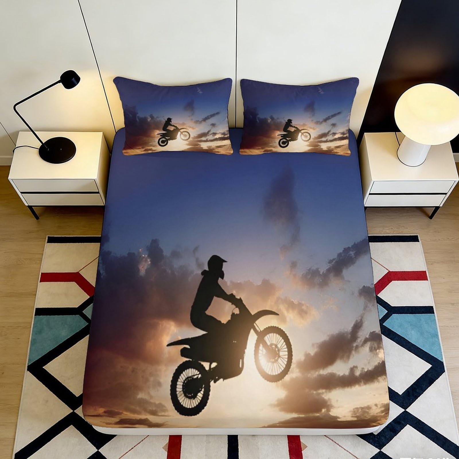 3D Printed Sunset Motocross Fitted Sheet Microfiber Soft Breathable Sky Rider Bed Cover for Bedroom Dorm Decor 90x200x25cm