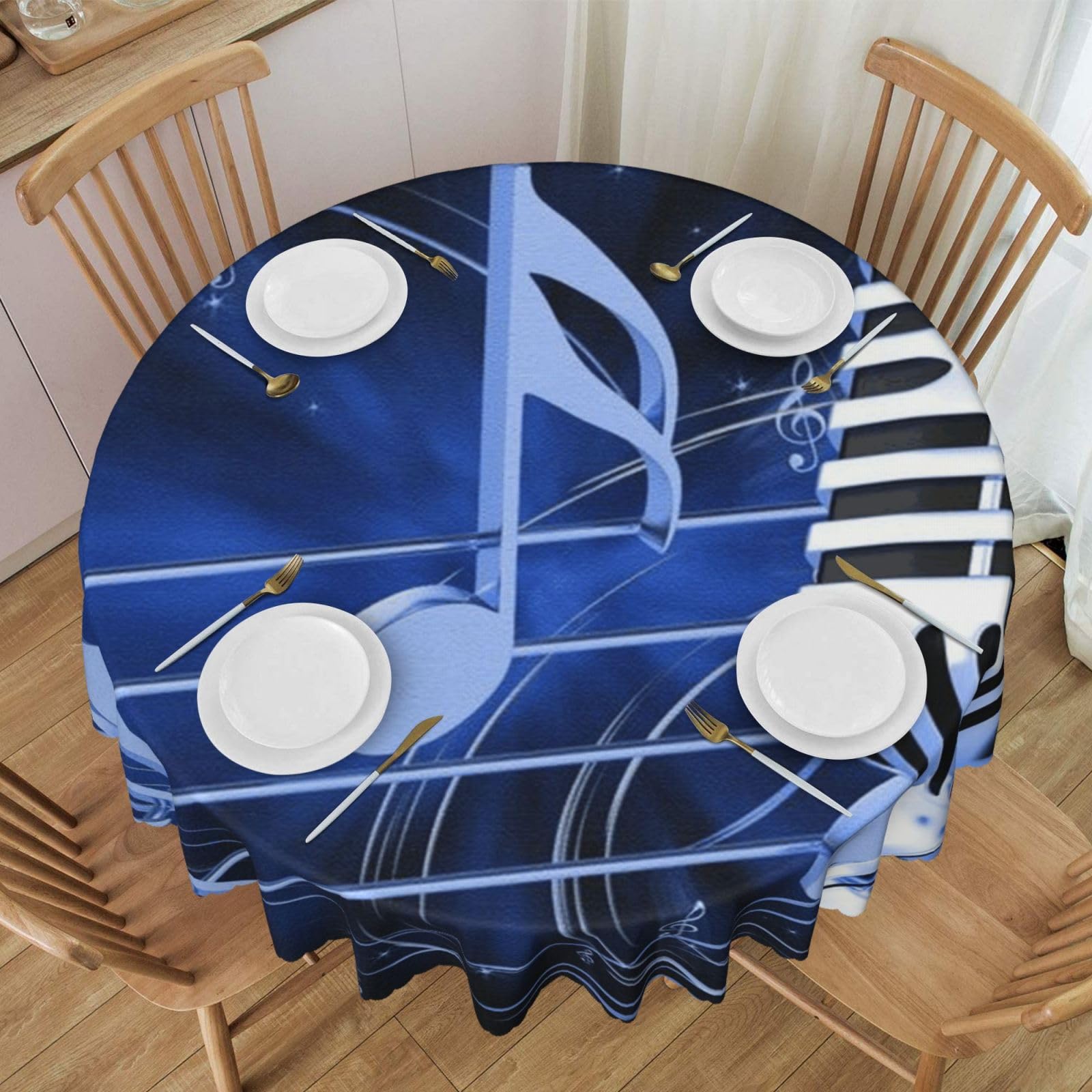 DCEHGEW 60 In Round Tablecloth with Lace, Microphone with Music Notes Printed Oilproof & Washable Fabric Picnic Table Cloth Table Covers