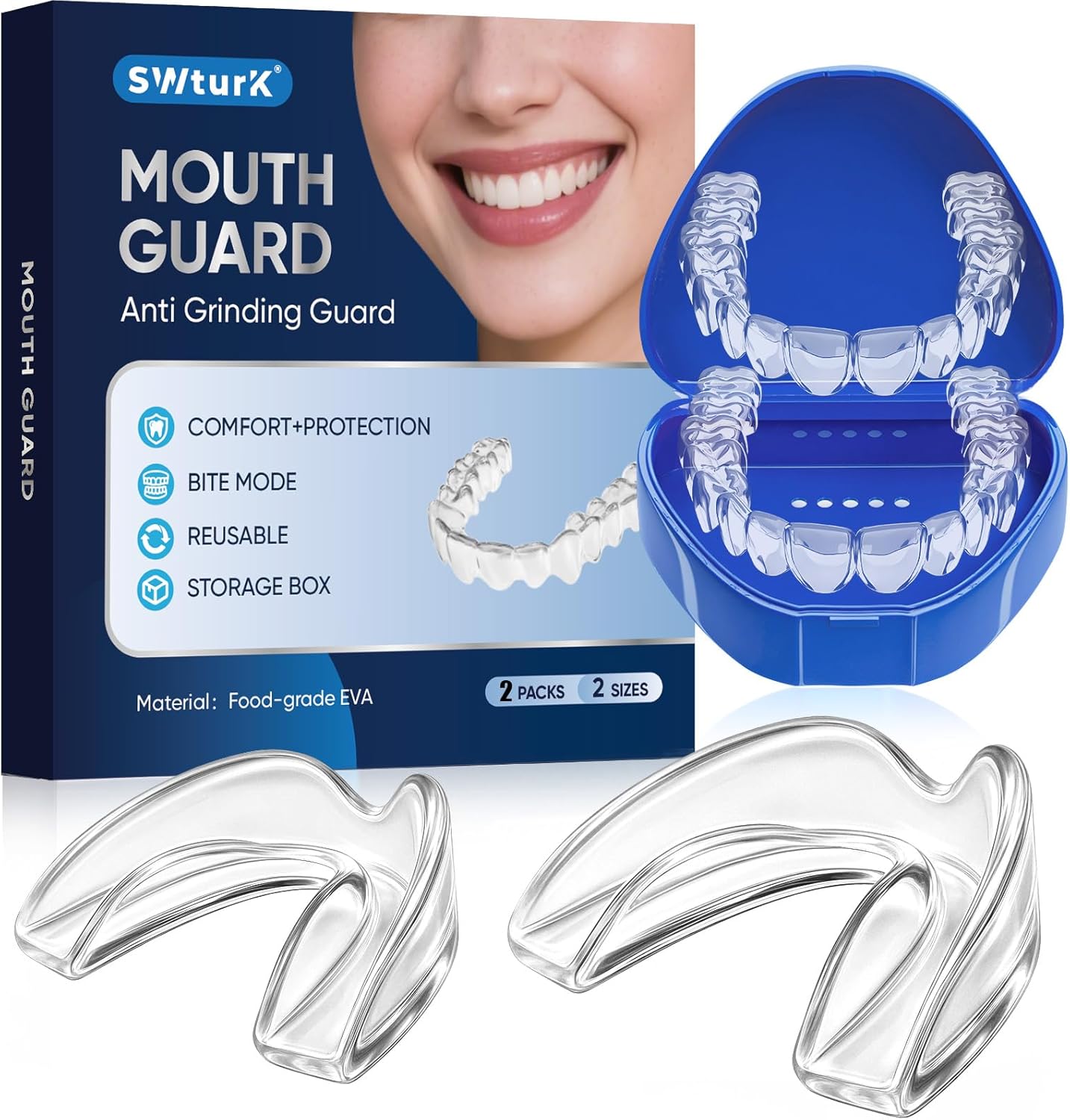 Mouth Guard for Clenching Teeth at Night, Mouth Guard for Grinding Teeth at Night, Comfortable & Reusable Adult Teeth Grinding Mouthguards for Sleeping, Includes 2pcs & 1 Travel Case