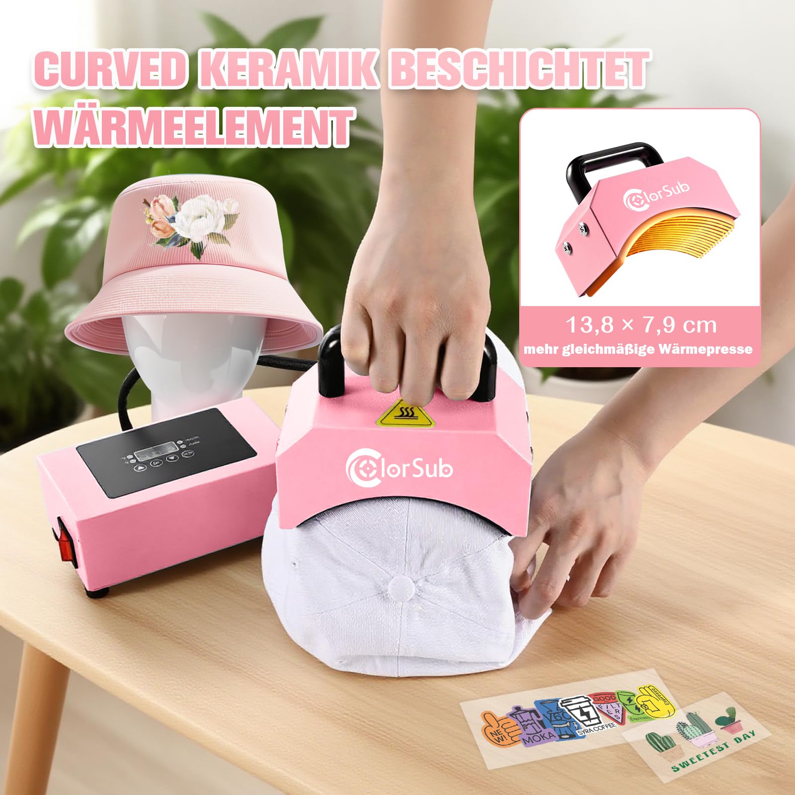 ColorSub Mini Hitzepresse für Kappen Rosa, Mütze Heißpresse Transferpresse Maschine mit Temperatur & Zeituhr Heat Presse Sublimationspresse Kurvige Druckmaschine für Baseballcaps mit Silikonmatte