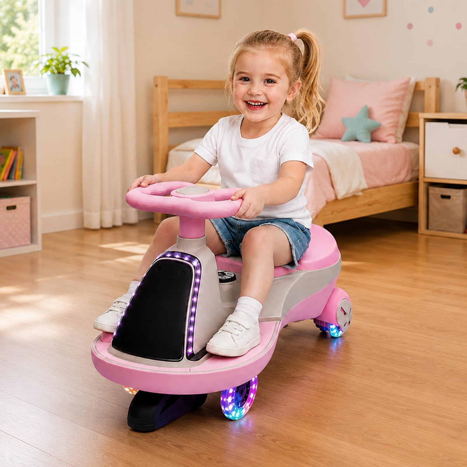 CoolGrows 12V 2-in-1 Electric Wiggle Car w/Bluetooth & Lights, Dual 75W motors, 2 speeds, anti-tip chassis, 2-seater, Bluetooth music, LED lights, quick assemble, for ages 3-5Pink & White