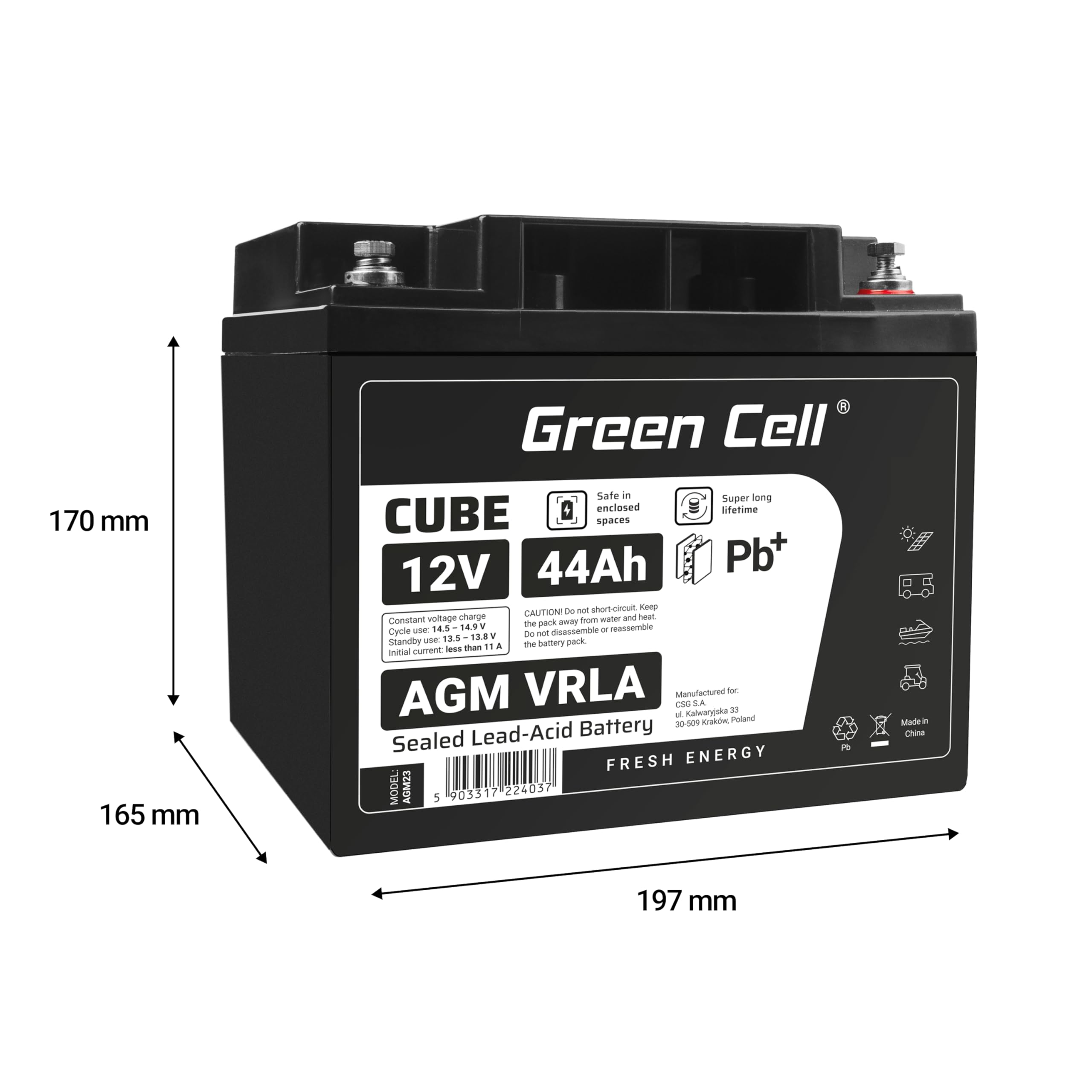 Green Cell AGM 12V 44Ah Akku VRLA Blei-Batterie Bleiakku Ersatzakku Akkubatterie Zyklenfest Unbemannt Spielzeug Elektro Spielzeug Alarm Notstrom Kinderfahrzeuge Kinder-Quad